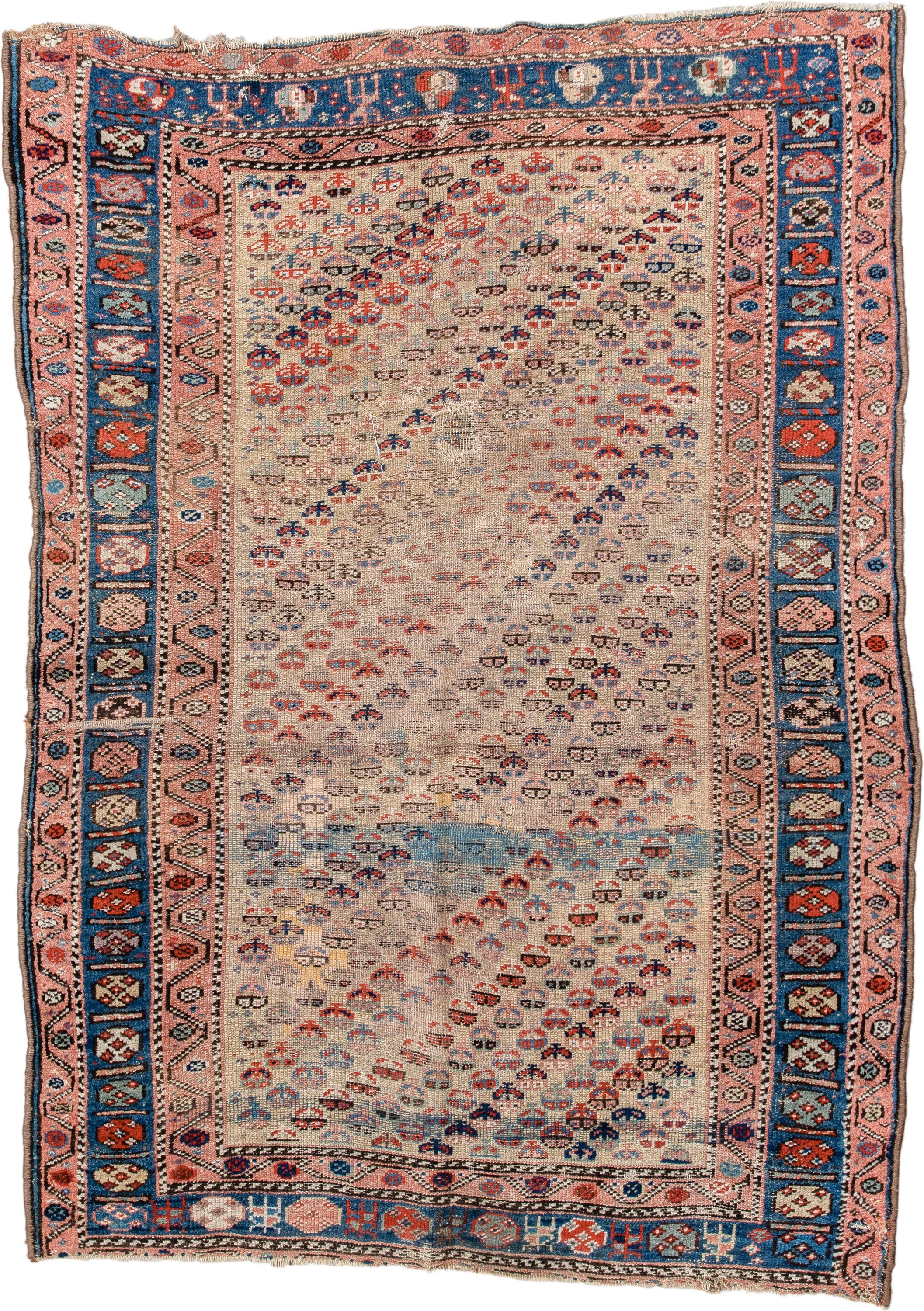 4' x 6' one-of-a-kind handmade vintage Kurd small size rug. Color palette: ivory, indigo, rose, rust, sky blue, charcoal