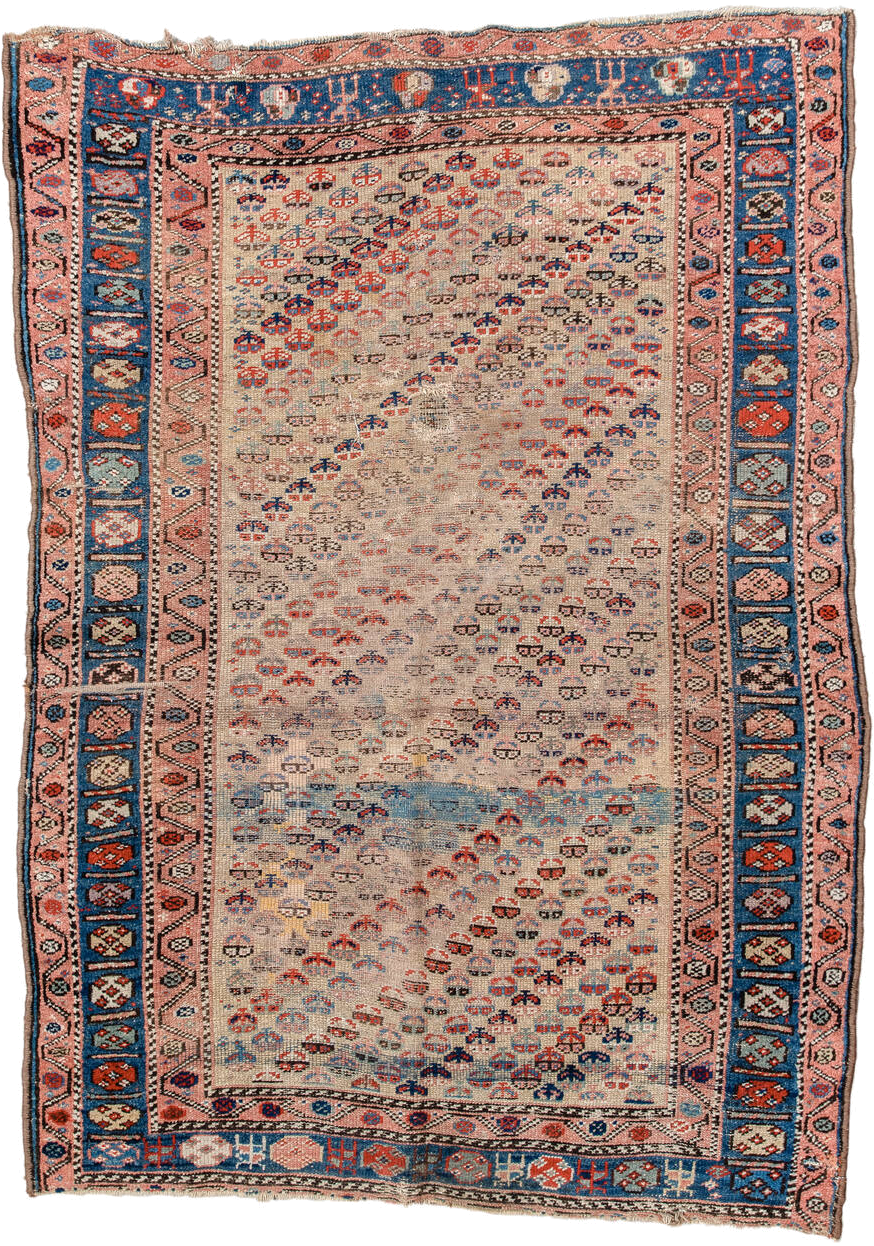 4' x 6' one-of-a-kind handmade vintage Kurd small size rug. Color palette: ivory, indigo, rose, rust, sky blue, charcoal