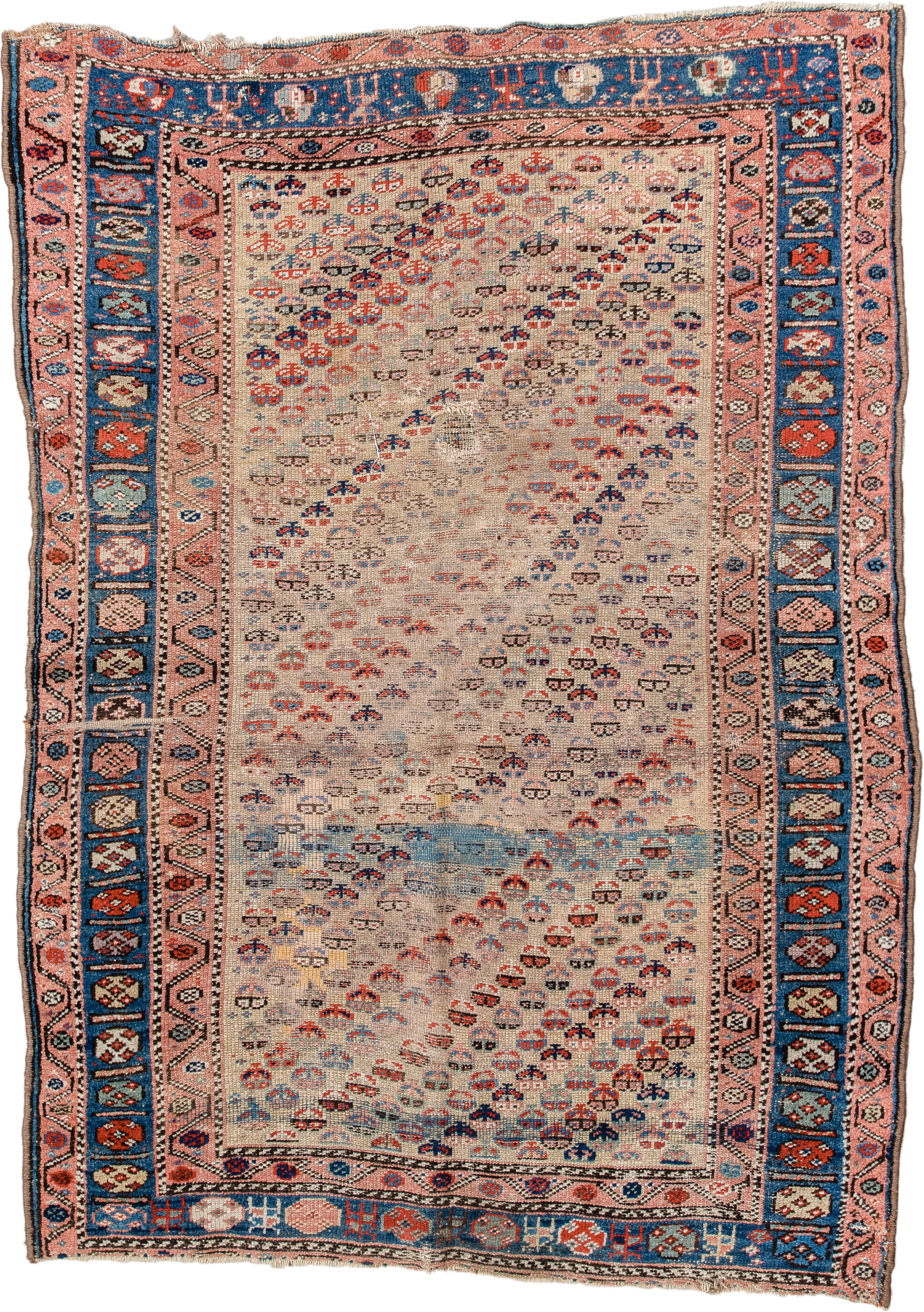 4' x 6' one-of-a-kind handmade vintage Kurd small size rug. Color palette: ivory, indigo, rose, rust, sky blue, charcoal