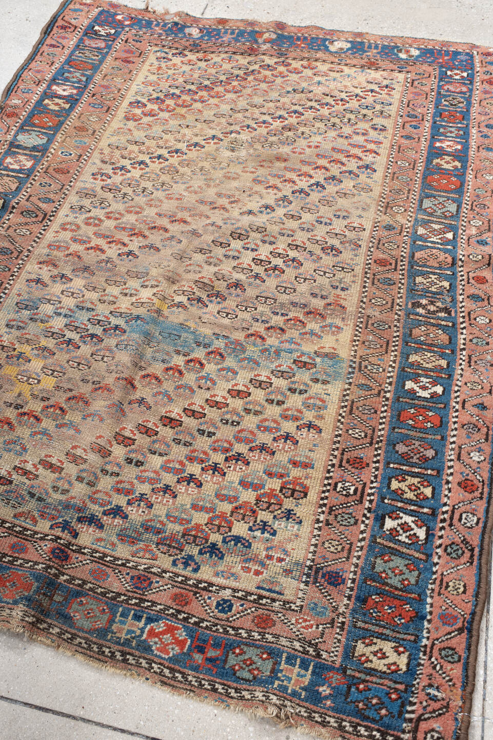 4' x 6' one-of-a-kind handmade vintage Kurd small size rug. Color palette: ivory, indigo, rose, rust, sky blue, charcoal