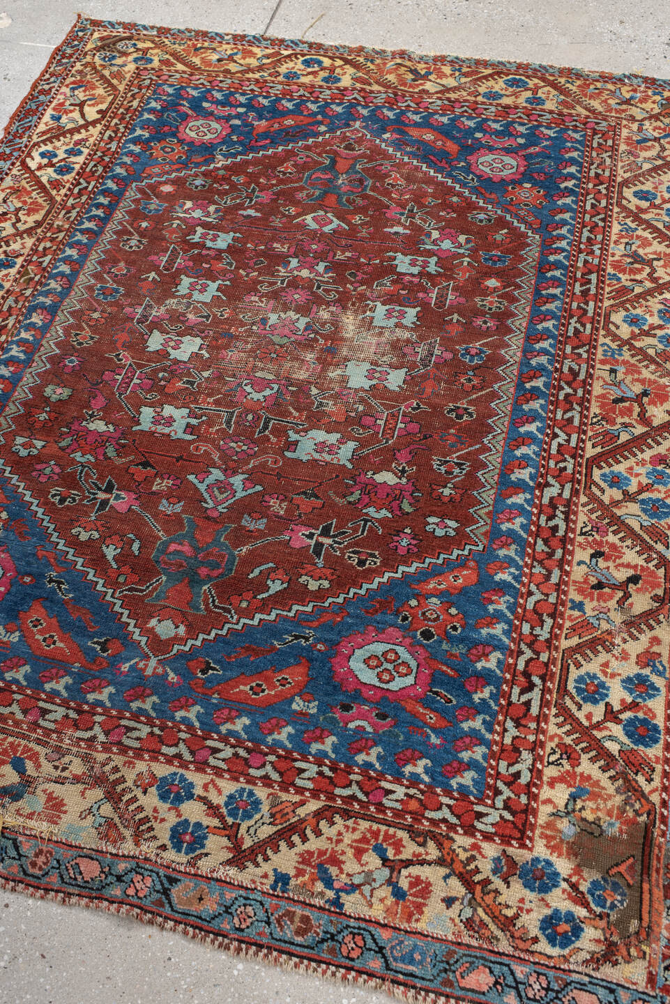 4' x 6' one-of-a-kind handmade vintage Anatolian small size rug. Color palette: rust, ivory, cobalt, brick, sky_blue, rose