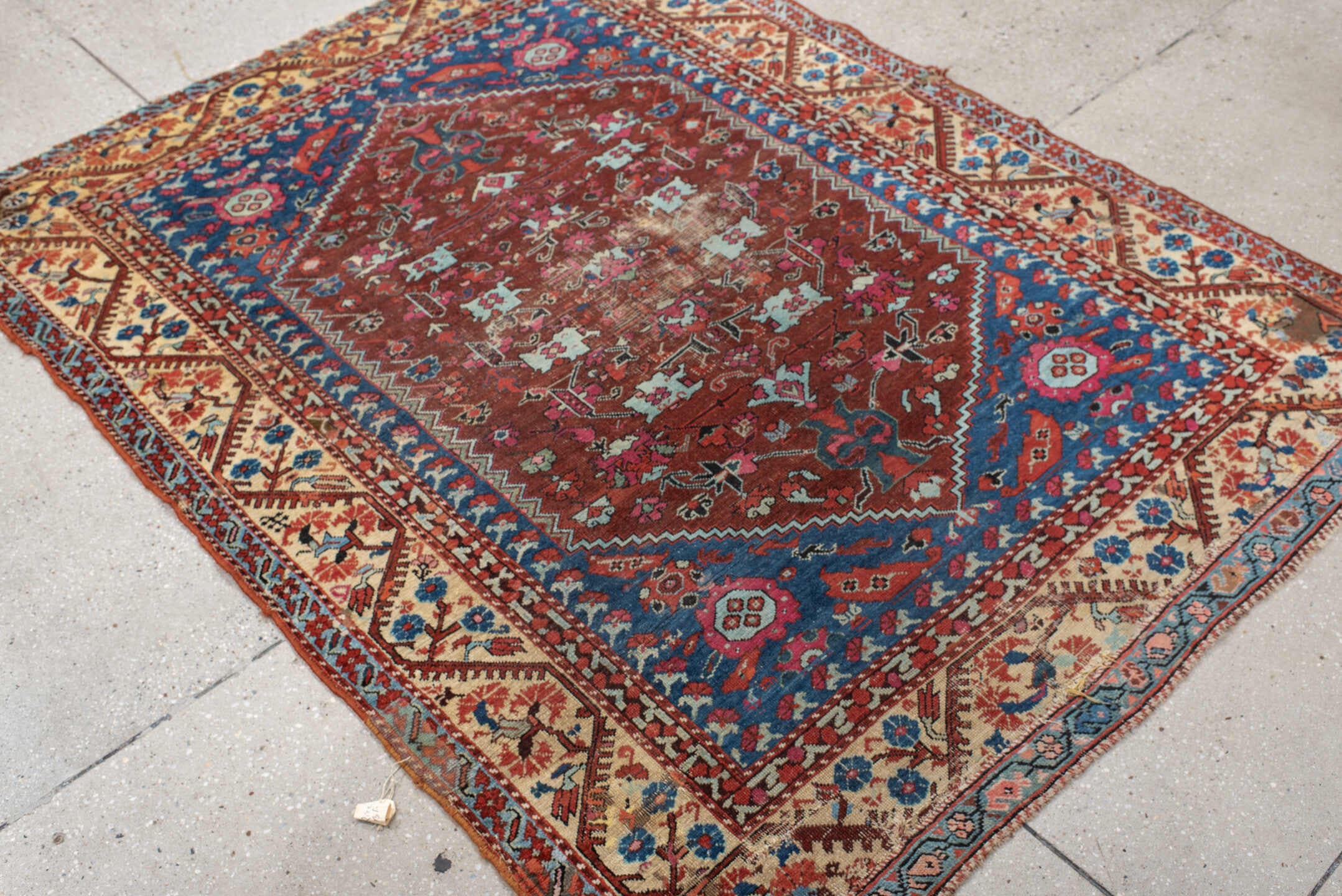 4' x 6' one-of-a-kind handmade vintage Anatolian small size rug. Color palette: rust, ivory, cobalt, brick, sky_blue, rose
