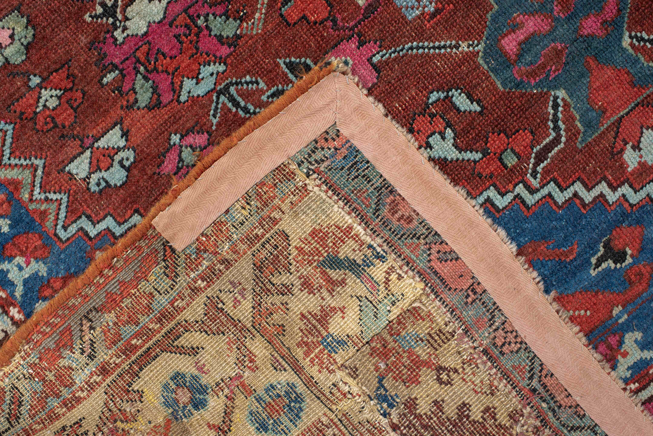 4' x 6' one-of-a-kind handmade vintage Anatol small size rug. Color palette: bisque, blanched almond, blue, brown, fiord