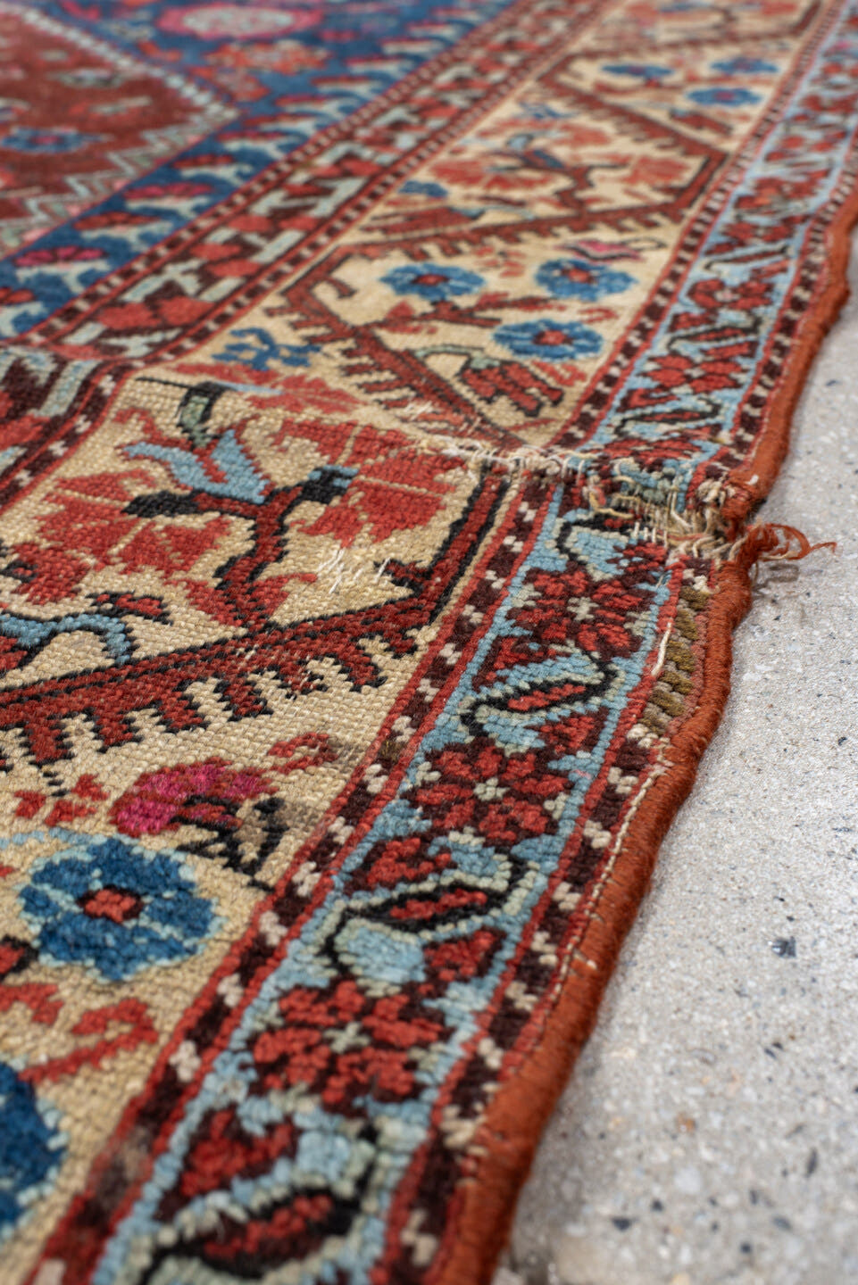 4' x 6' one-of-a-kind handmade vintage Anatolian small size rug. Color palette: rust, ivory, cobalt, brick, sky_blue, rose