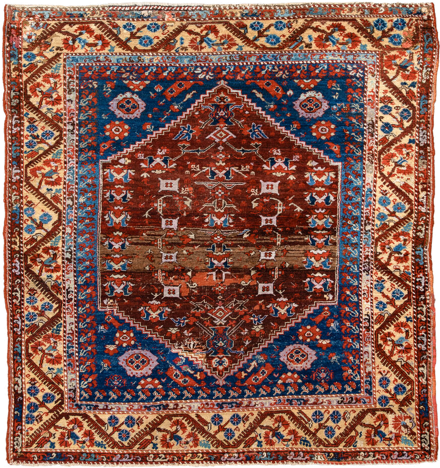 4' x 5' one-of-a-kind handmade vintage Anatolian small size rug. Color palette: blue, rust, ivory, terracotta, brown