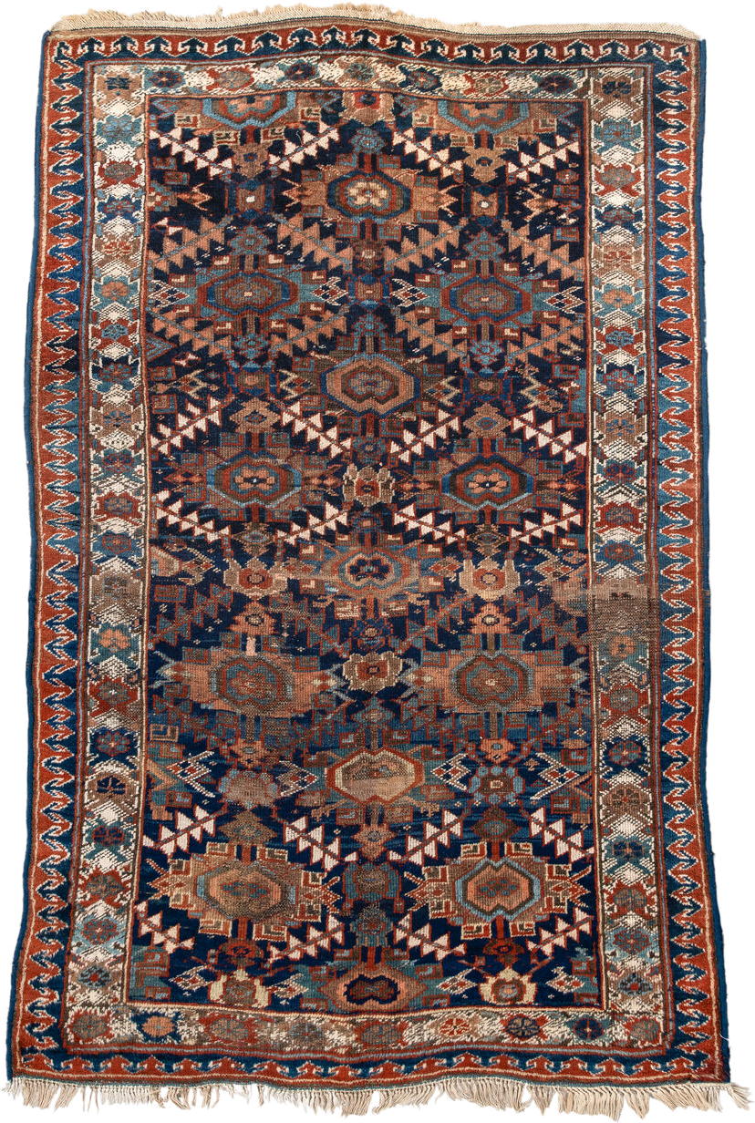 4' x 7' one-of-a-kind handmade vintage Kurd rug. Color palette: navy, rust, ivory, camel, sky blue, taupe, terracotta, blue