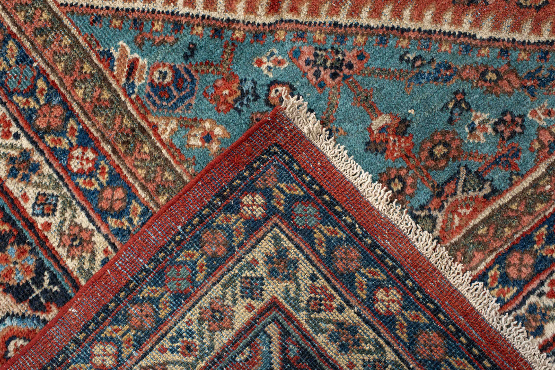 8' x 12' one-of-a-kind handmade vintage Mahal large size rug. Color palette: antiquewhite, arapawa, black, blue, brown