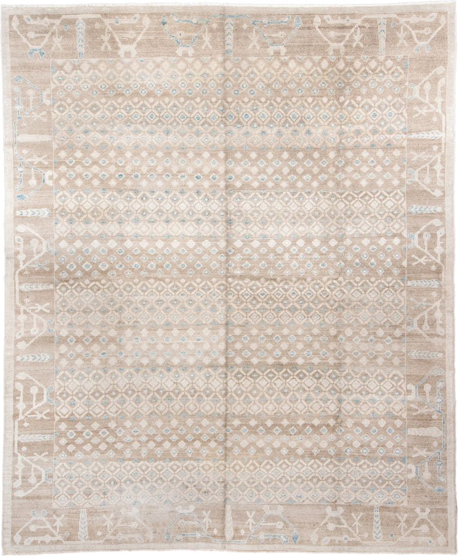 12' x 14' one-of-a-kind handmade vintage Trs oversize rug. Color palette: beige, ivory, taupe, pale blue, cream, gray