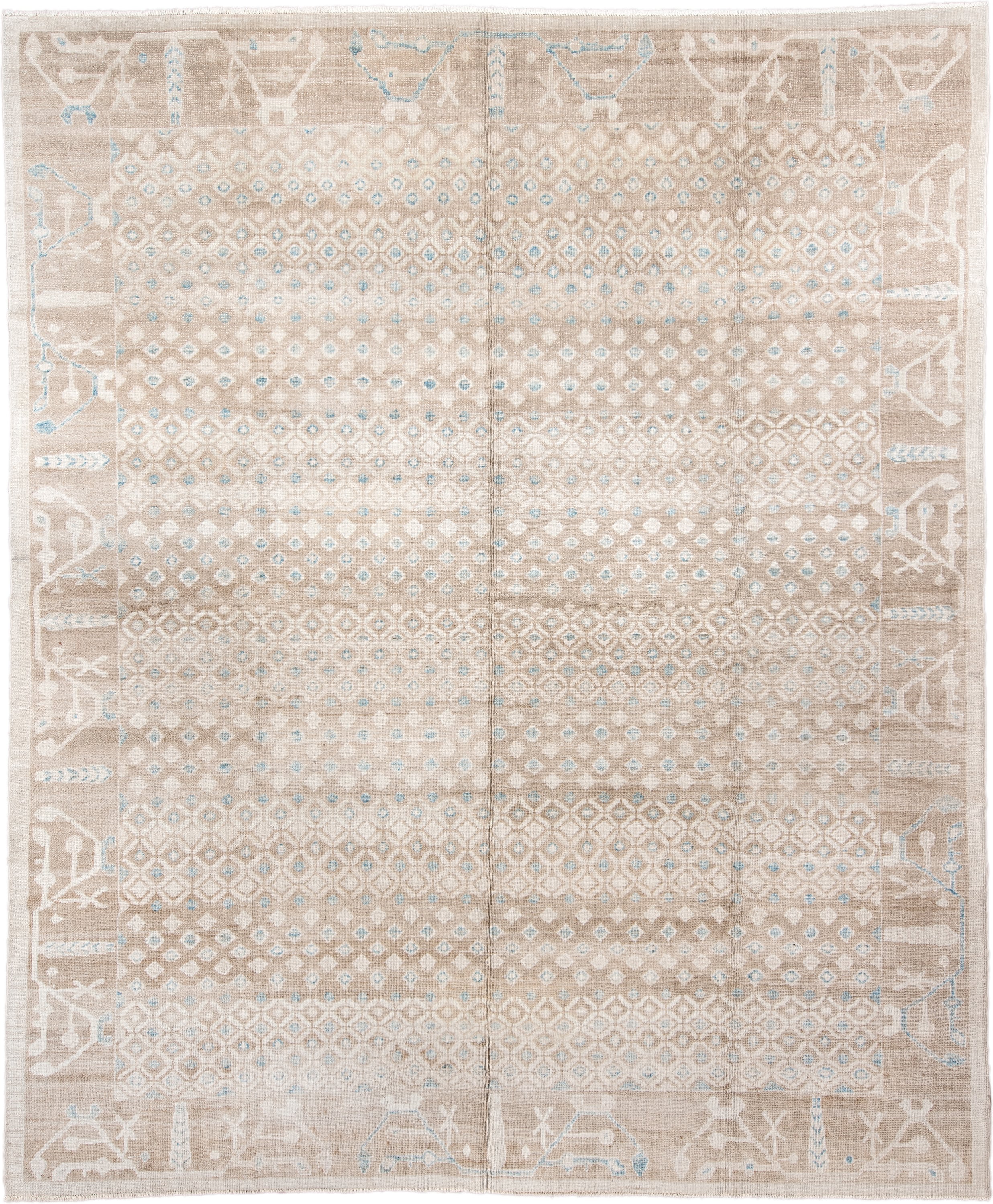 12' x 14' one-of-a-kind handmade vintage Trs oversize rug. Color palette: beige, ivory, taupe, pale blue, cream, gray