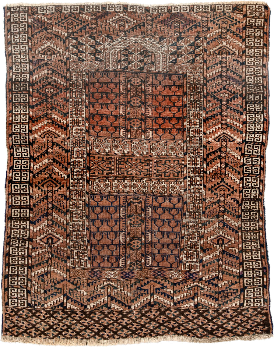 3' x 4' one-of-a-kind handmade vintage Torkaman small size rug. Color palette: rust, brown, ivory, charcoal, camel, navy
