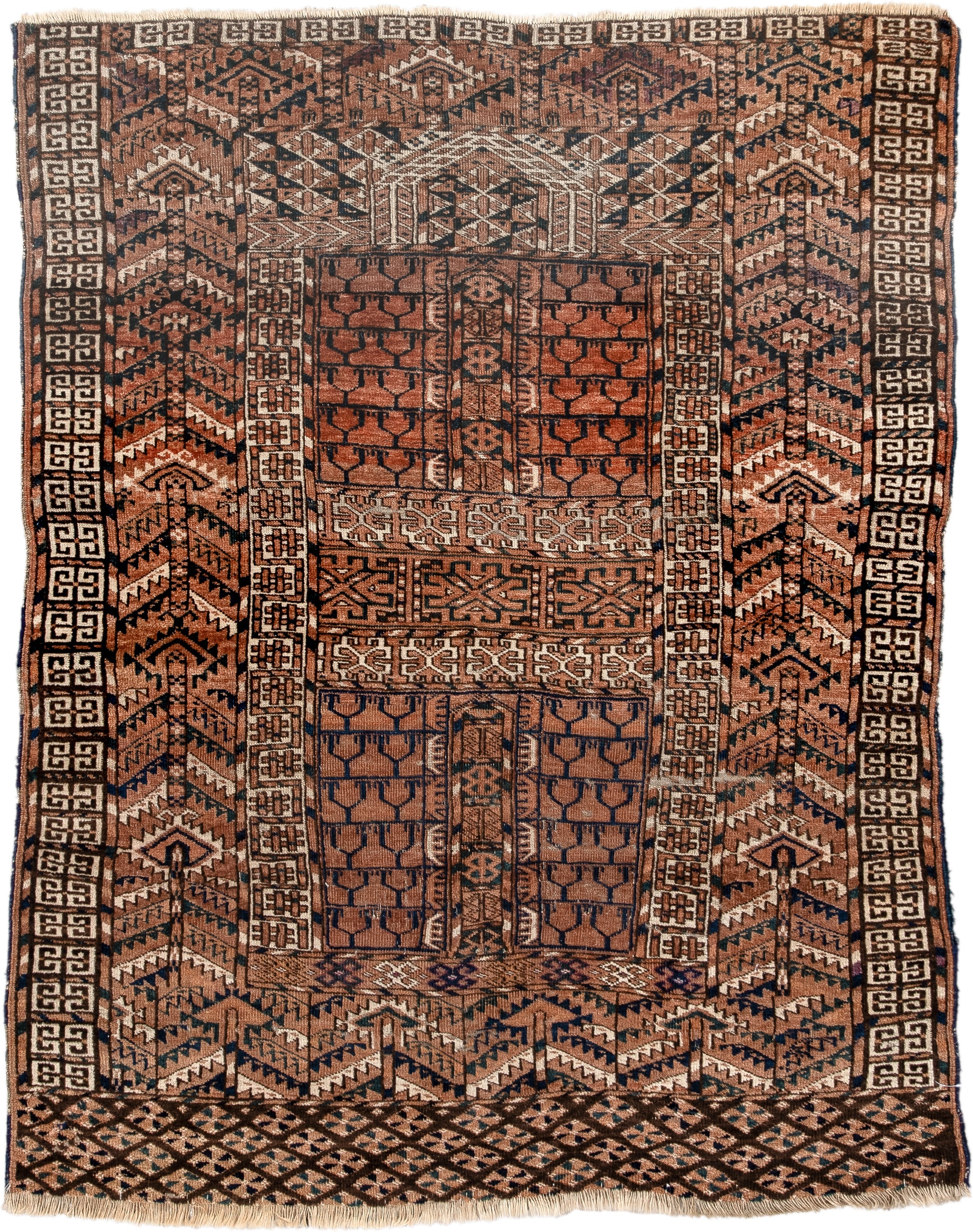 3' x 4' one-of-a-kind handmade vintage Torkaman small size rug. Color palette: rust, brown, ivory, charcoal, camel, navy