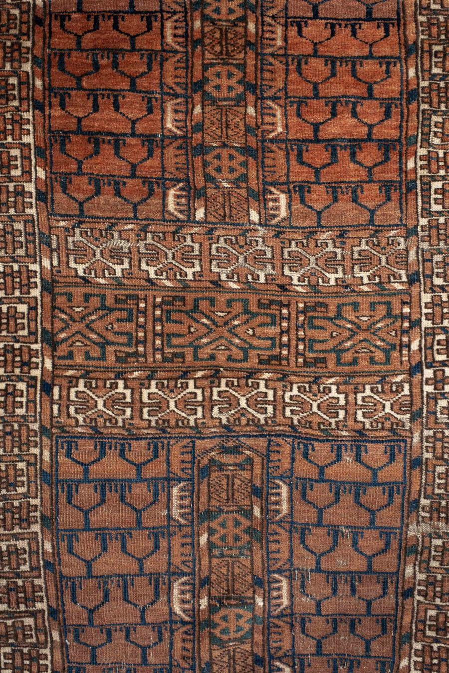 3' x 4' one-of-a-kind handmade vintage Torkaman small size rug. Color palette: rust, brown, ivory, charcoal, camel, navy