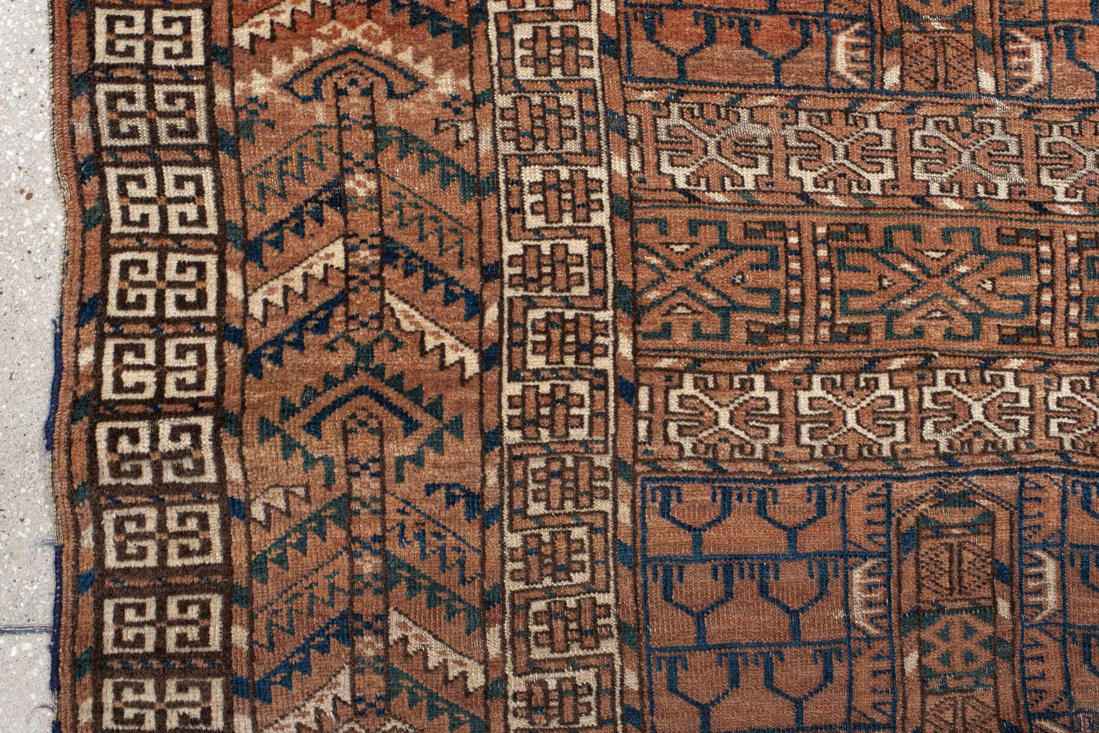 3' x 4' one-of-a-kind handmade vintage Torkaman small size rug. Color palette: rust, brown, ivory, charcoal, camel, navy