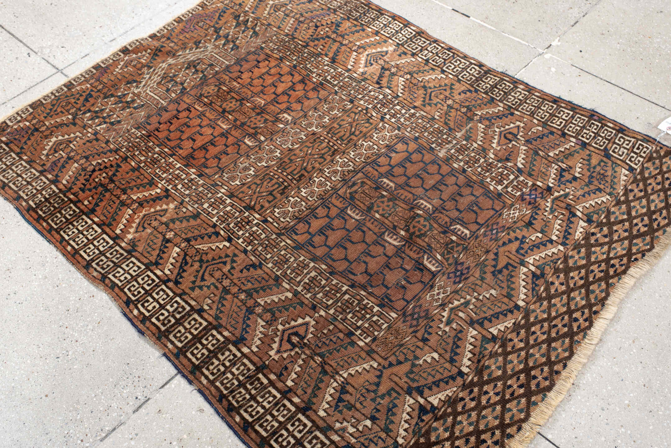 3' x 4' one-of-a-kind handmade vintage Torkaman small size rug. Color palette: rust, brown, ivory, charcoal, camel, navy