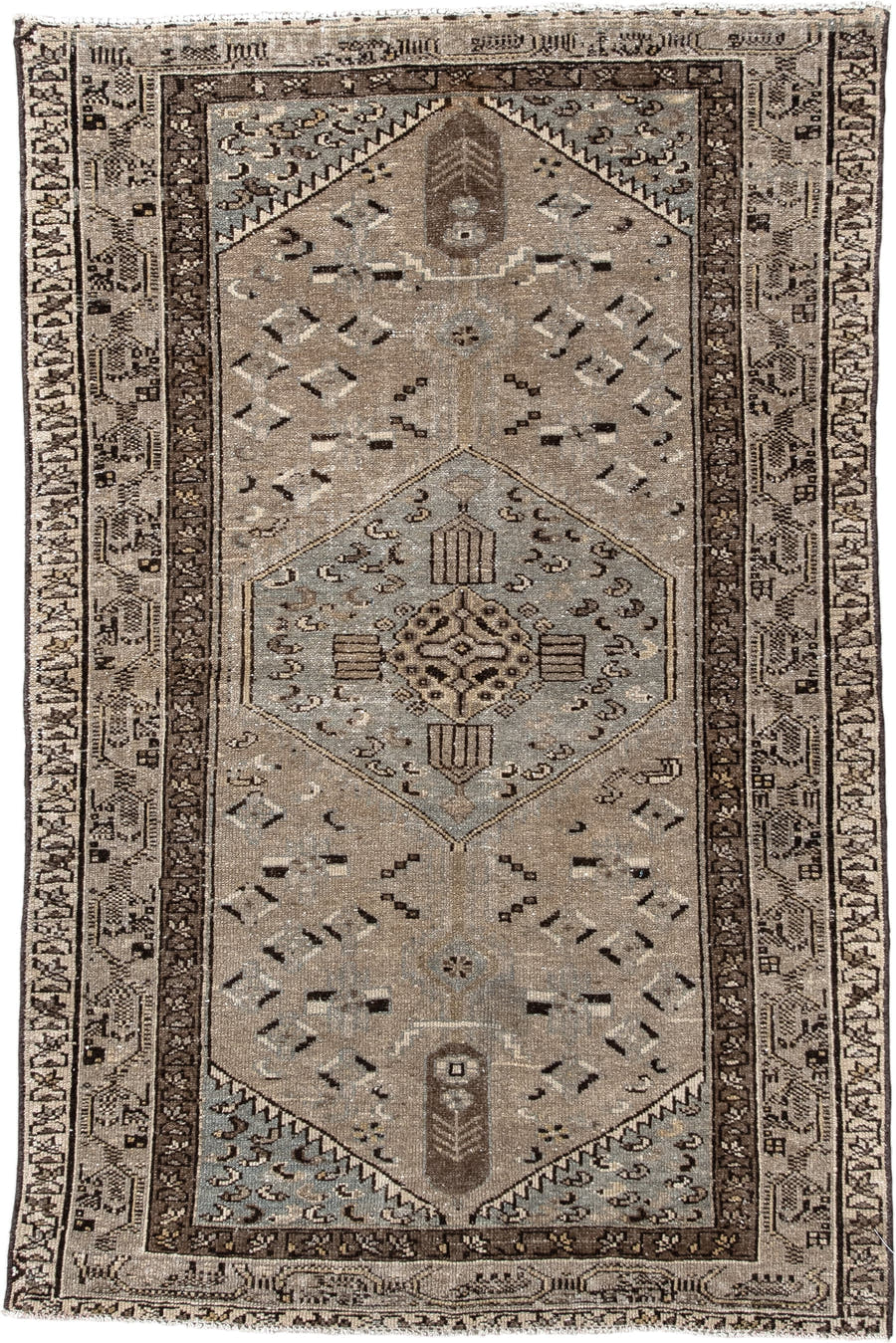 3' x 4' one-of-a-kind handmade vintage Hamadan small size rug. Color palette: taupe, brown, ivory, pale blue, charcoal