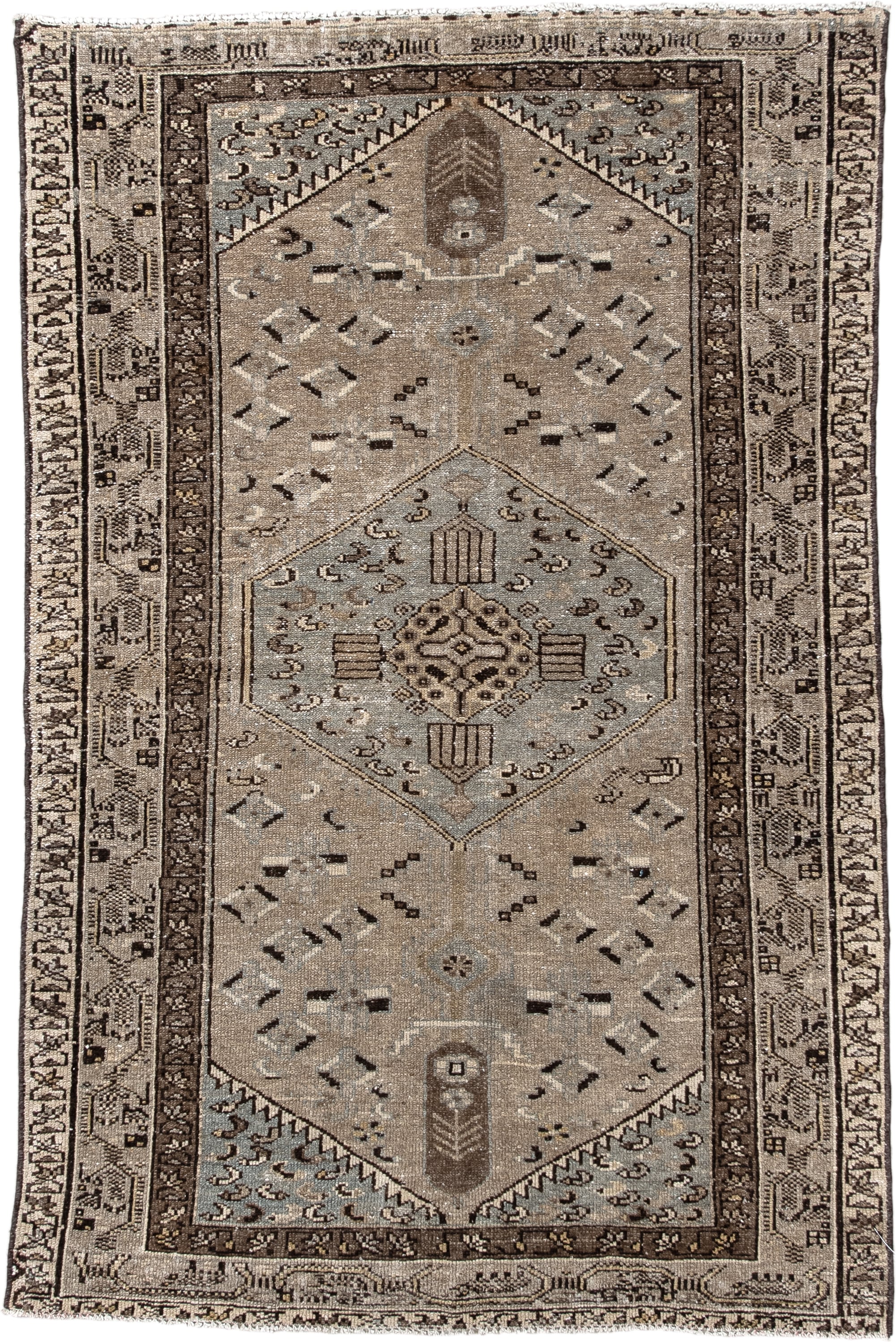 3' x 4' one-of-a-kind handmade vintage Hamadan small size rug. Color palette: taupe, brown, ivory, pale blue, charcoal