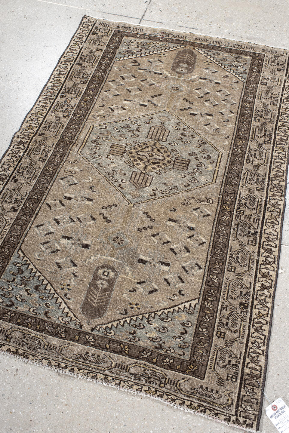 3' x 4' one-of-a-kind handmade vintage Hamadan small size rug. Color palette: taupe, brown, ivory, pale blue, charcoal