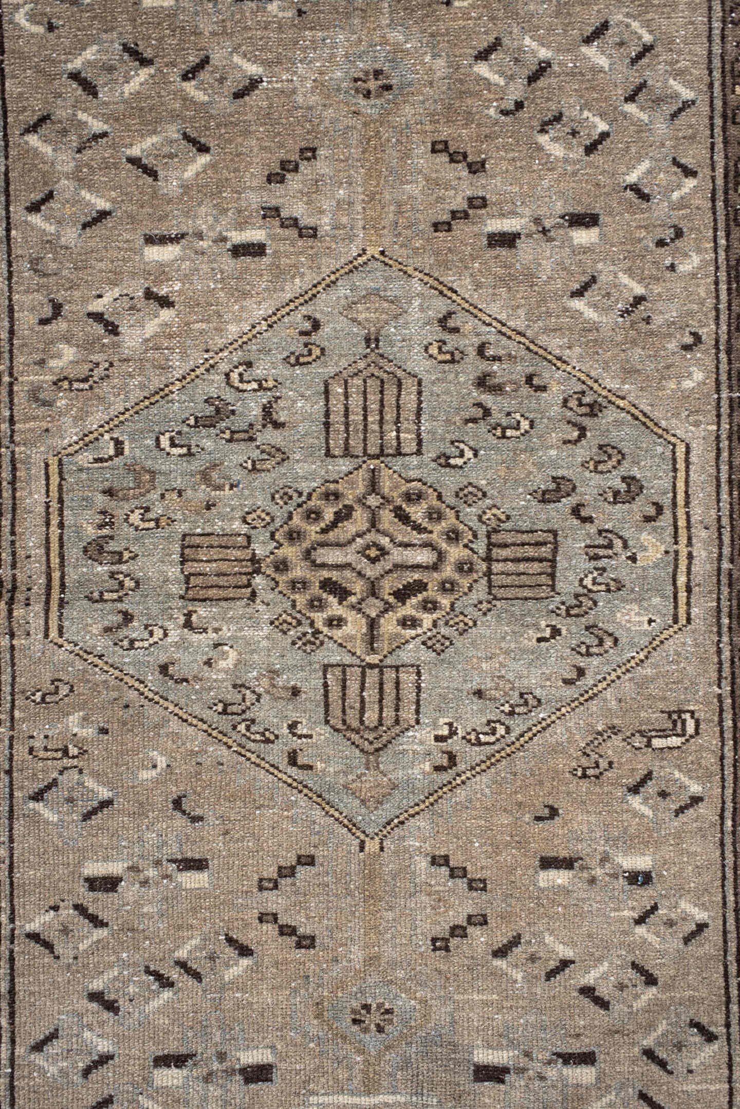 3' x 4' one-of-a-kind handmade vintage Hamadan small size rug. Color palette: taupe, brown, ivory, pale blue, charcoal