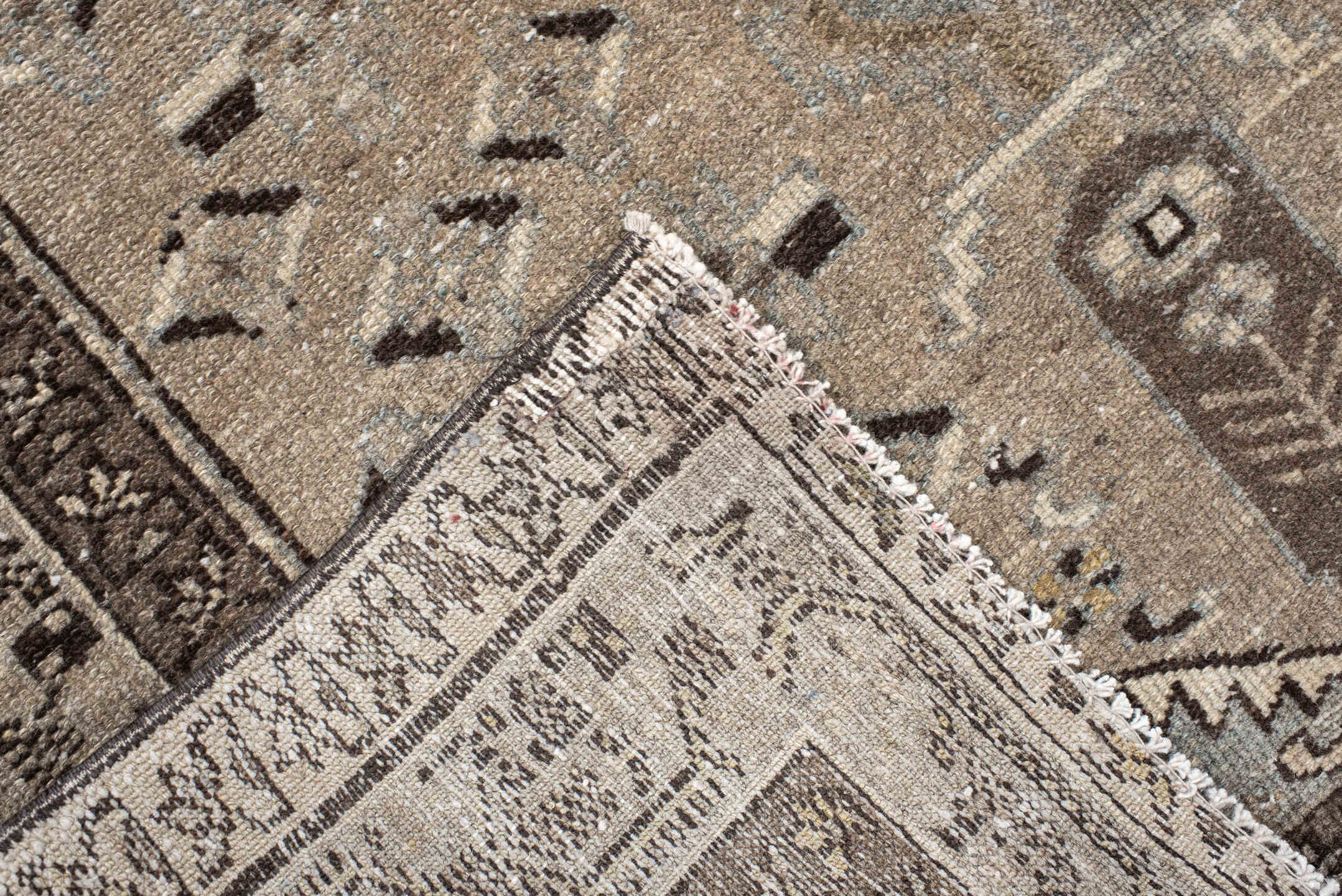 3' x 4' one-of-a-kind handmade vintage Hamadan small size rug. Color palette: taupe, brown, ivory, pale blue, charcoal