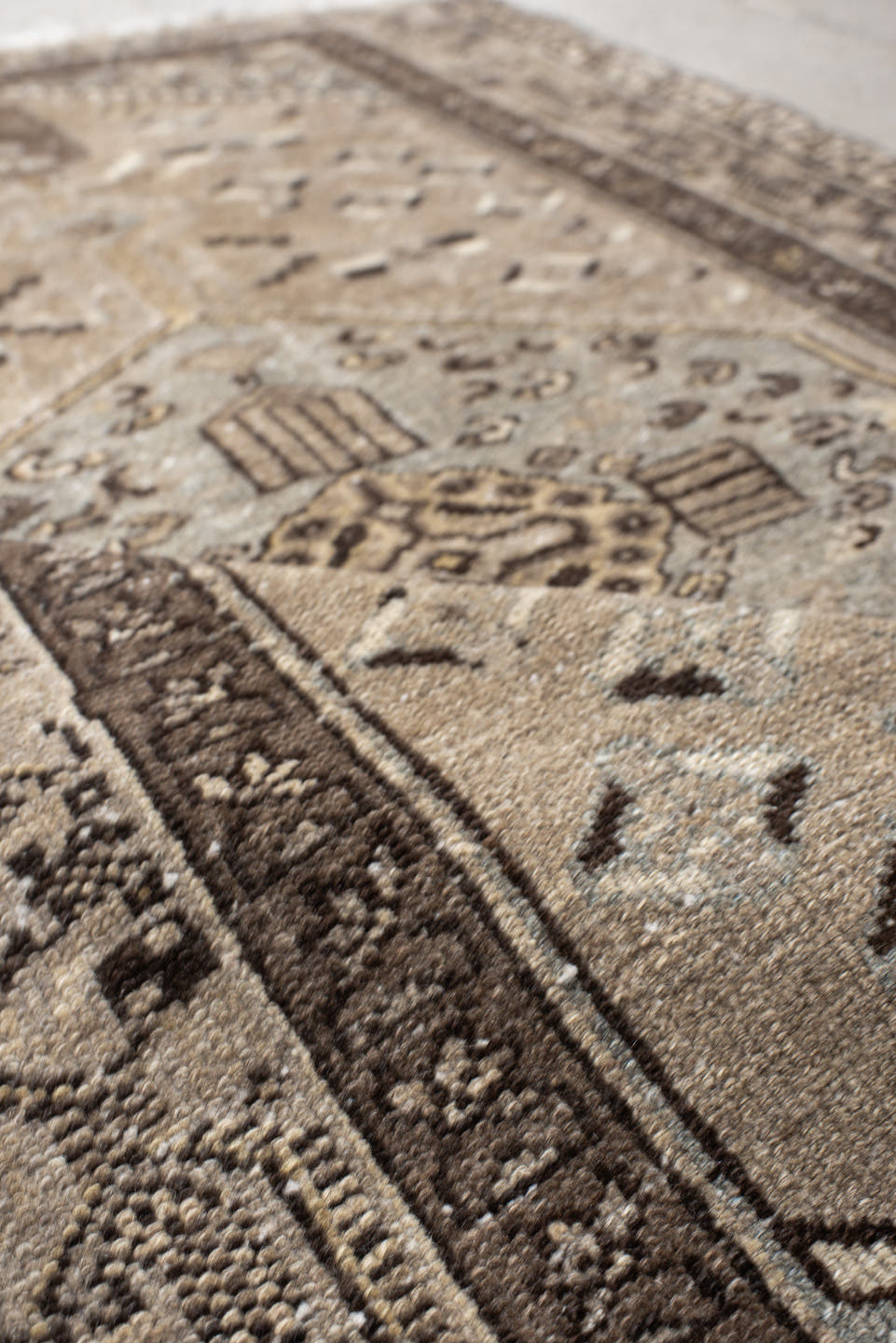 3' x 4' one-of-a-kind handmade vintage Hamadan small size rug. Color palette: taupe, brown, ivory, pale blue, charcoal