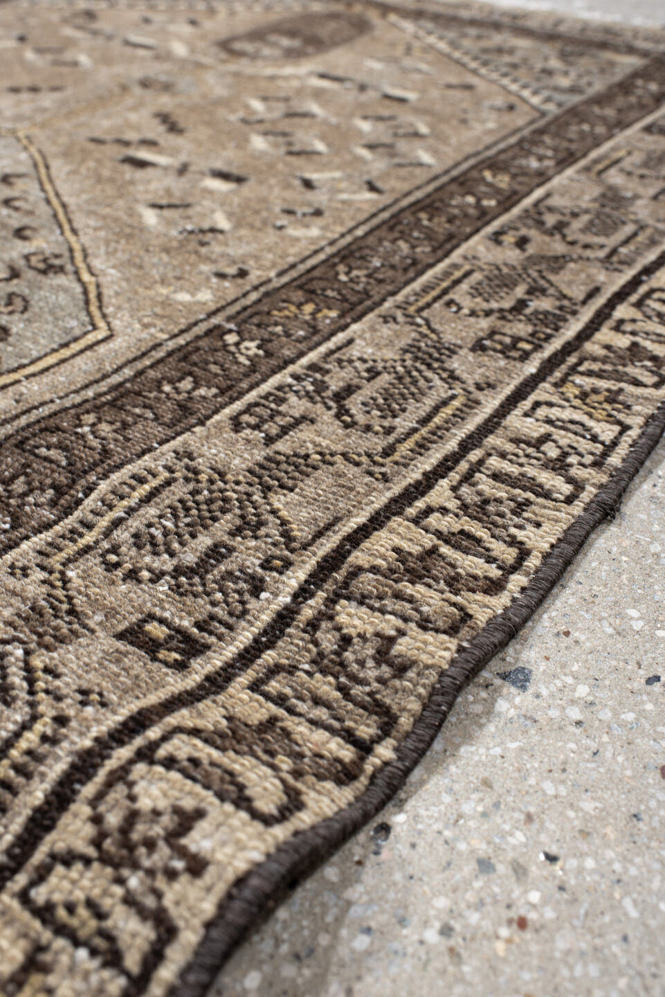 3' x 4' one-of-a-kind handmade vintage Hamadan small size rug. Color palette: taupe, brown, ivory, pale blue, charcoal