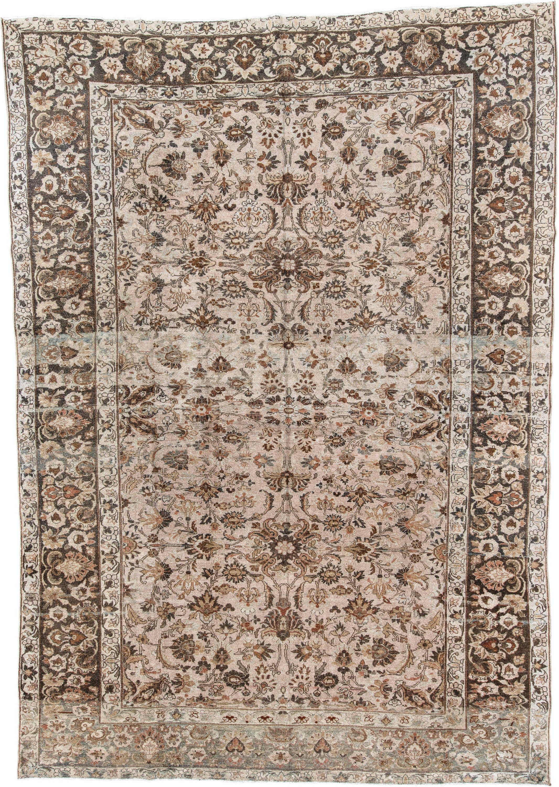 8' x 12' one-of-a-kind handmade vintage Lilian large size rug. Color palette: ivory, brown, taupe, rust, sage, charcoal