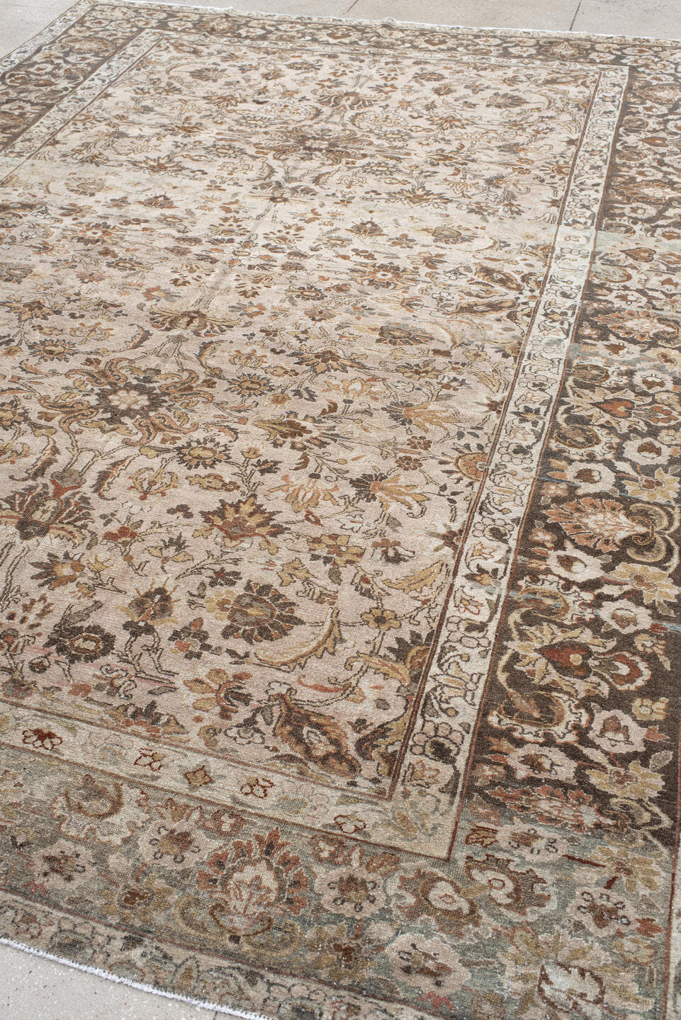 8' x 12' one-of-a-kind handmade vintage Lilian large size rug. Color palette: ivory, brown, taupe, rust, sage, charcoal