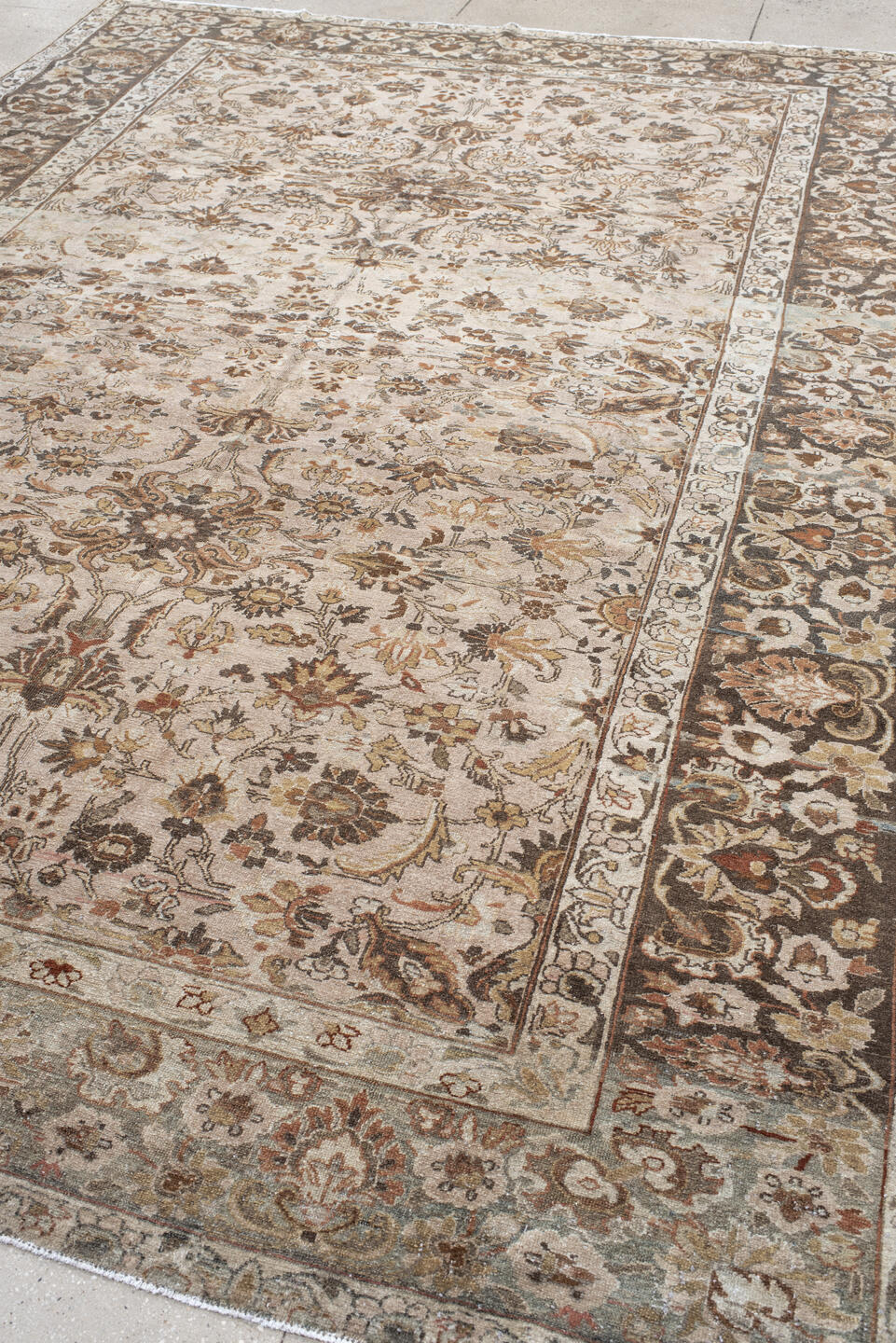 8' x 12' one-of-a-kind handmade vintage Lilian large size rug. Color palette: ivory, brown, taupe, rust, sage, charcoal
