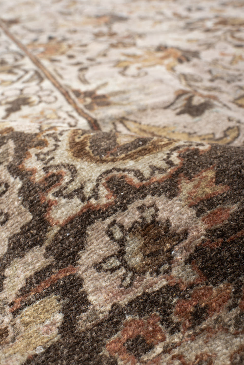 8' x 12' one-of-a-kind handmade vintage Lilian large size rug. Color palette: ivory, brown, taupe, rust, sage, charcoal