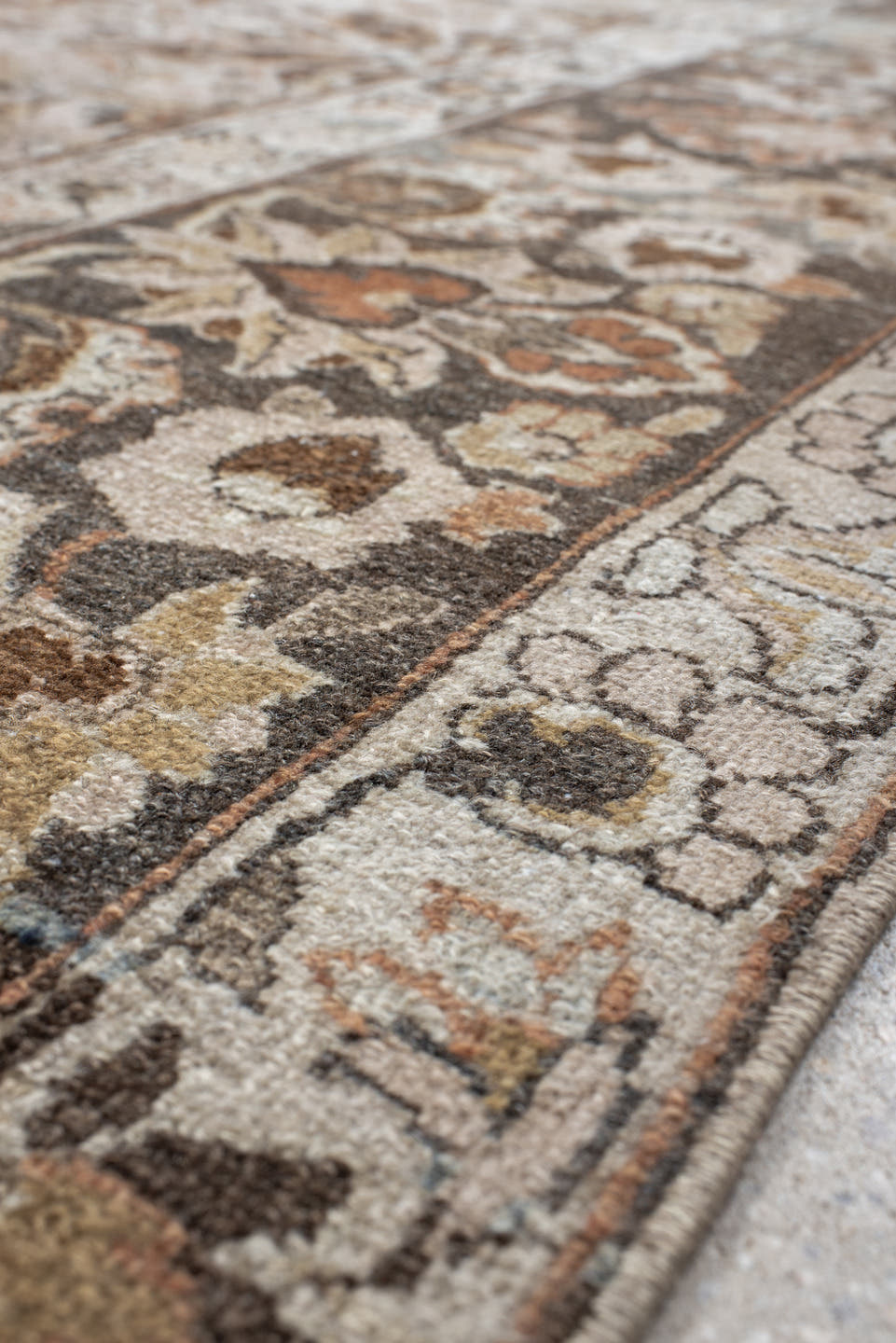 8' x 12' one-of-a-kind handmade vintage Lilian large size rug. Color palette: ivory, brown, taupe, rust, sage, charcoal