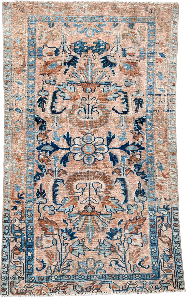2' x 4' one-of-a-kind handmade vintage Hamadan small size rug. Color palette: blush, sky blue, navy, ivory, camel, taupe