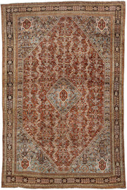 6' x 9' one-of-a-kind handmade vintage Qashqai medium size rug. Color palette: rust, light blue, ivory, brown, charcoal