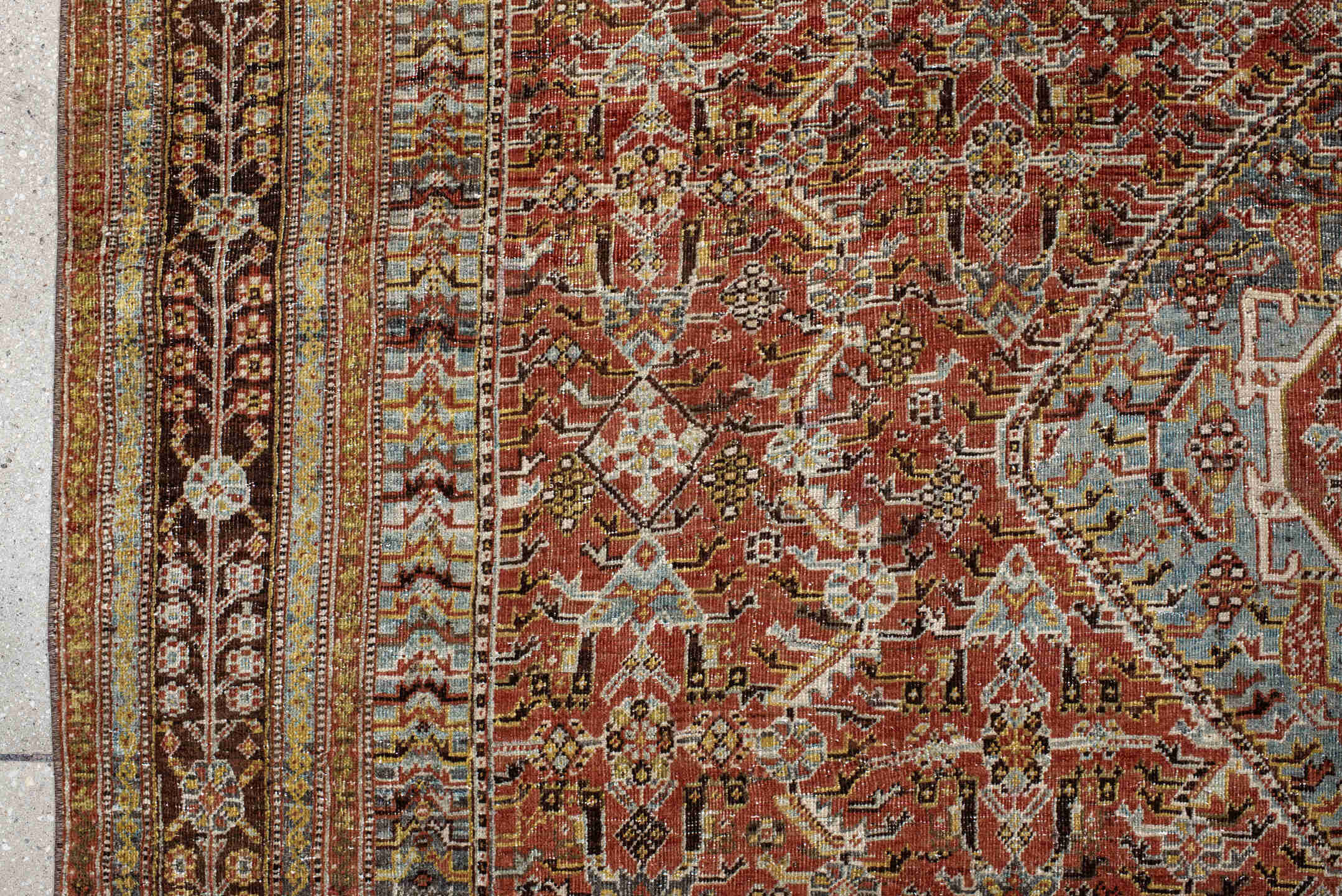 6' x 9' one-of-a-kind handmade vintage Qashqai medium size rug. Color palette: rust, light blue, ivory, brown, charcoal