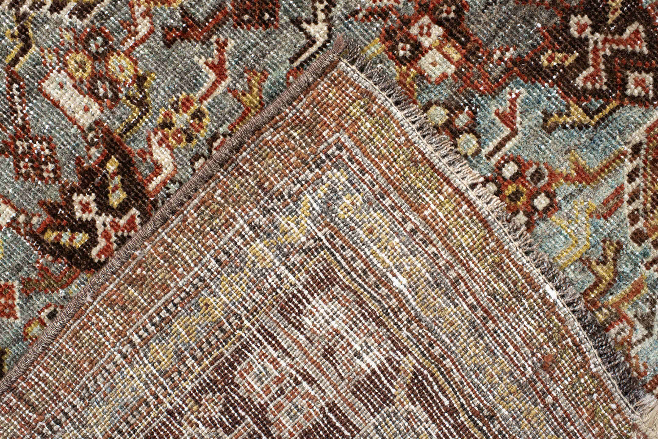 6' x 9' one-of-a-kind handmade vintage Qashqai medium size rug. Color palette: rust, light blue, ivory, brown, charcoal