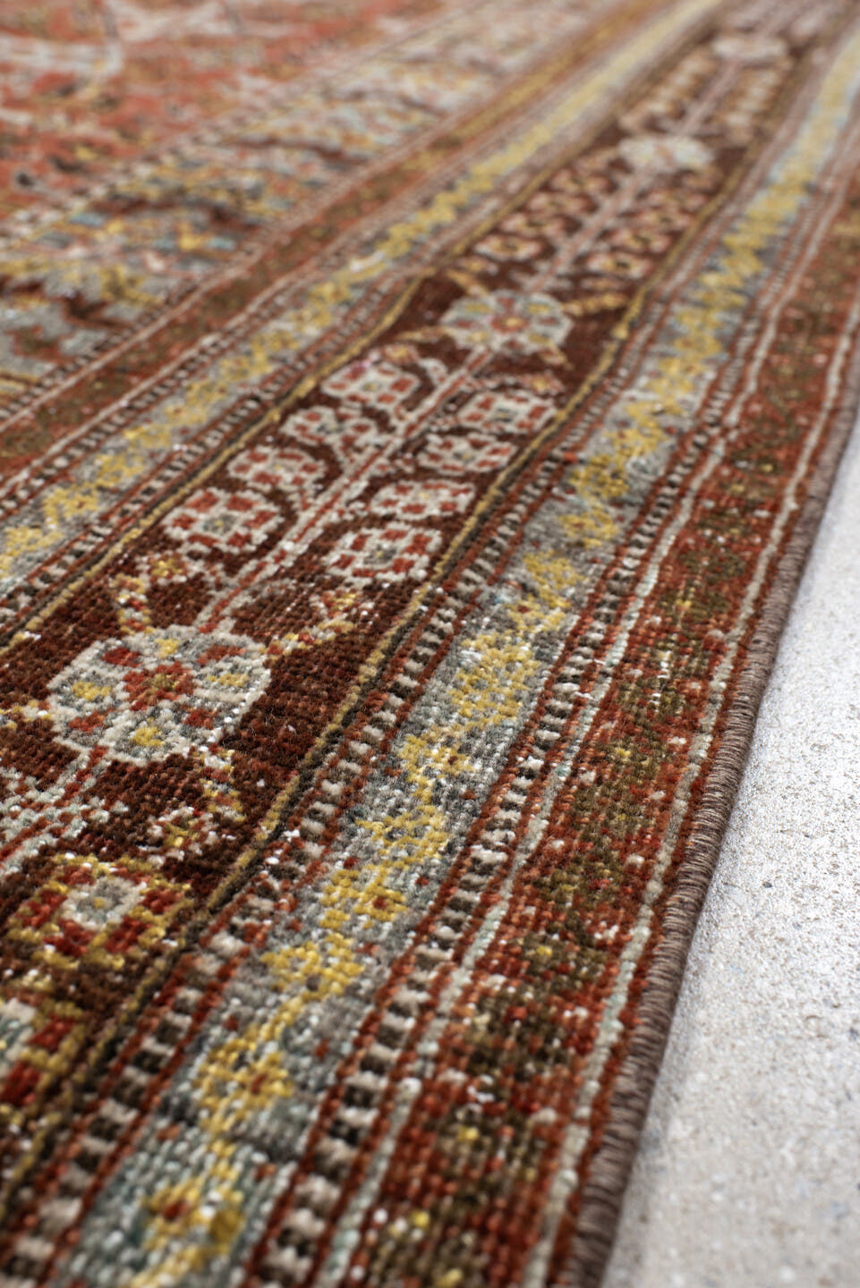 6' x 9' one-of-a-kind handmade vintage Qashqai medium size rug. Color palette: rust, light blue, ivory, brown, charcoal