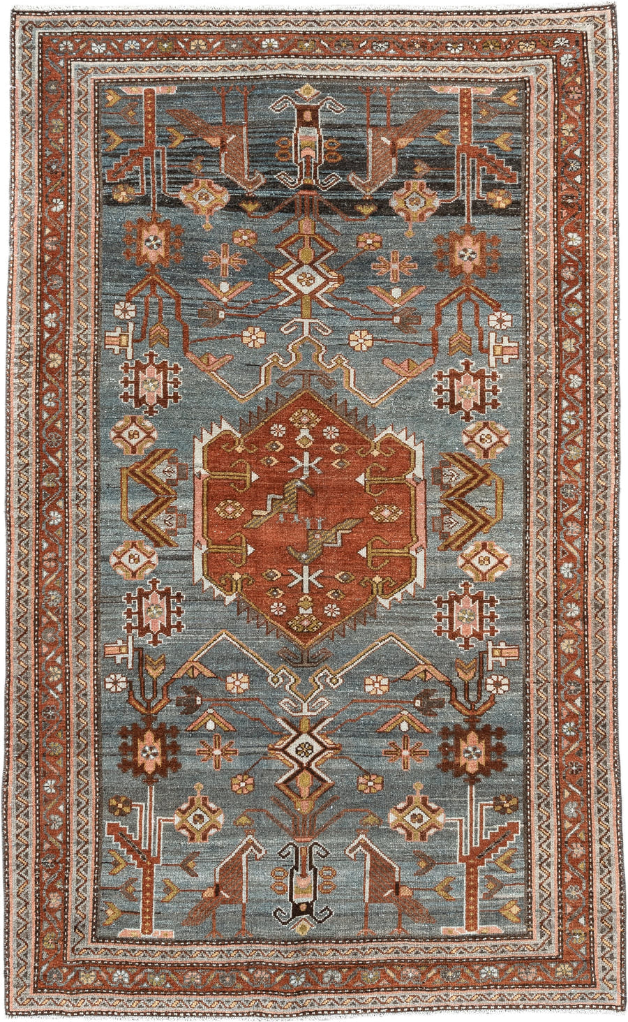 4' x 6' one-of-a-kind handmade vintage Malayer rug. Color palette: blue, rust, ivory, camel, brown, gold, rose, terracotta