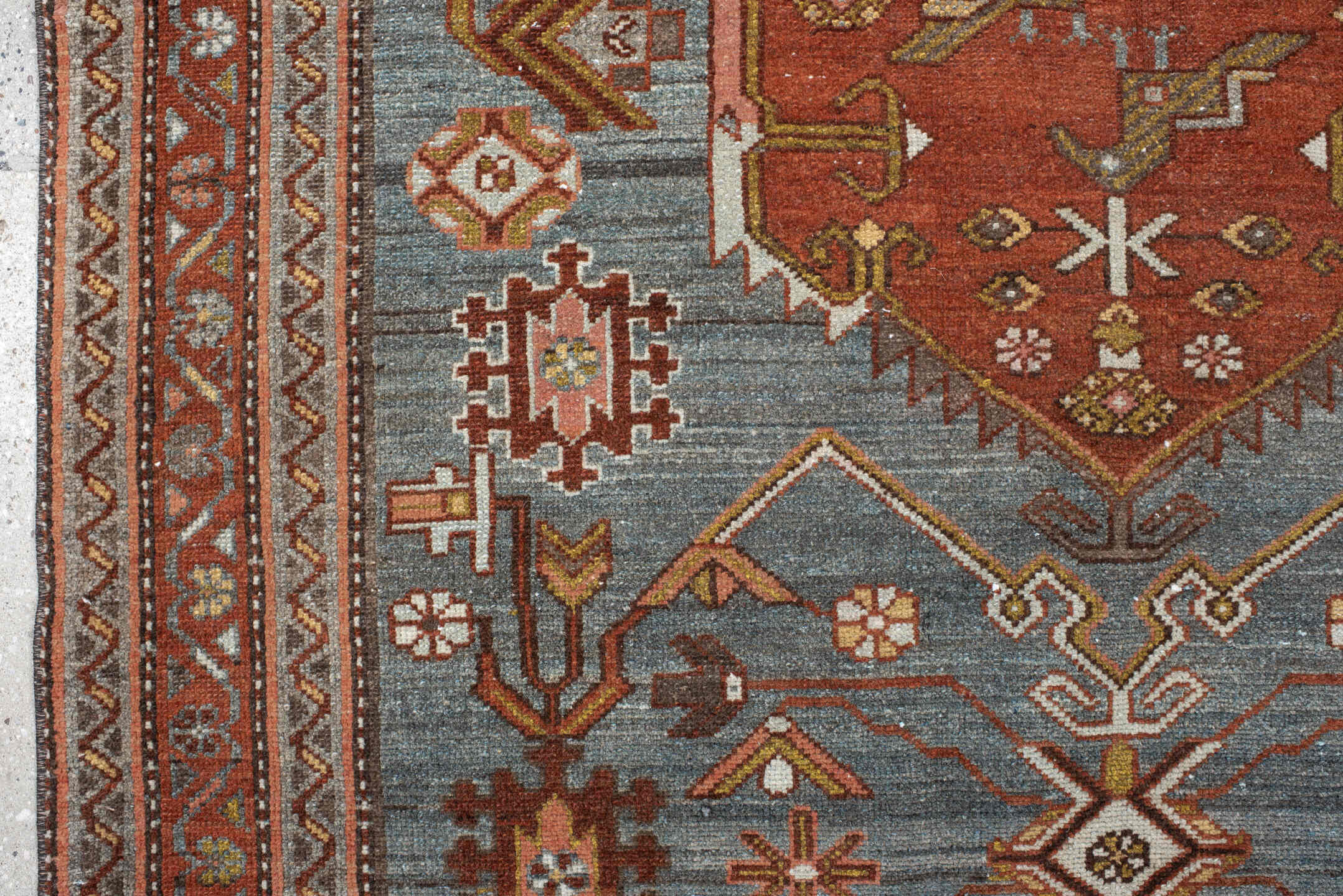 4' x 6' one-of-a-kind handmade vintage Malayer rug. Color palette: blue, rust, ivory, camel, brown, gold, rose, terracotta