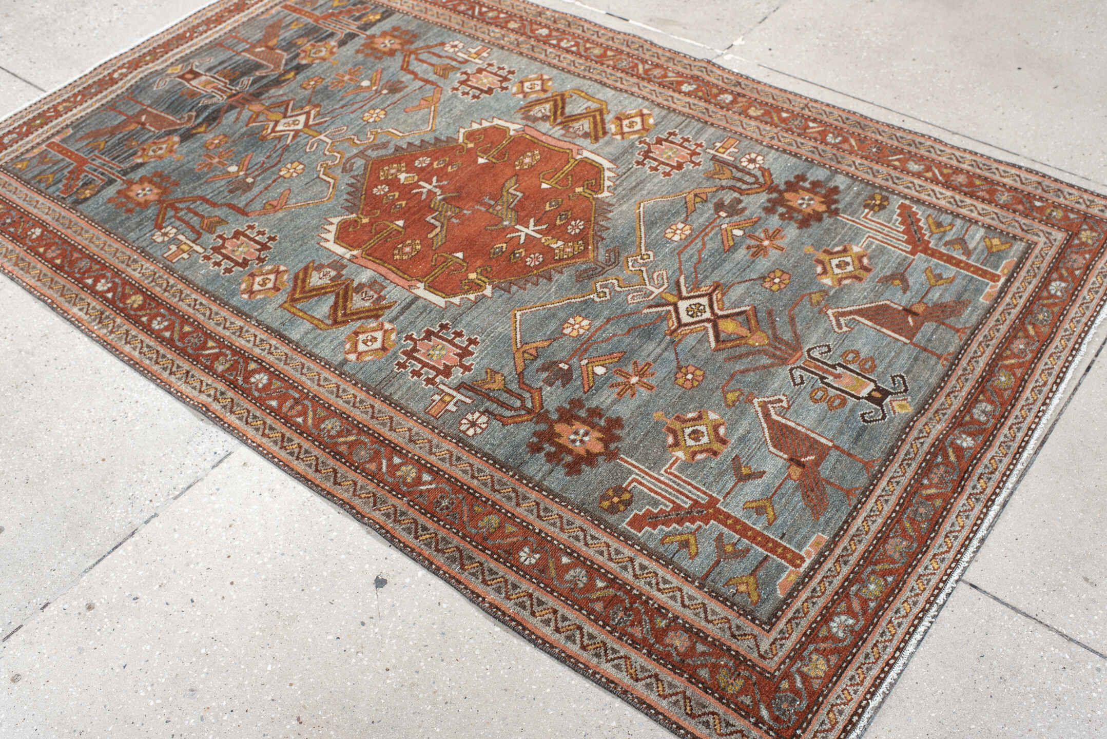 4' x 6' one-of-a-kind handmade vintage Malayer rug. Color palette: blue, rust, ivory, camel, brown, gold, rose, terracotta