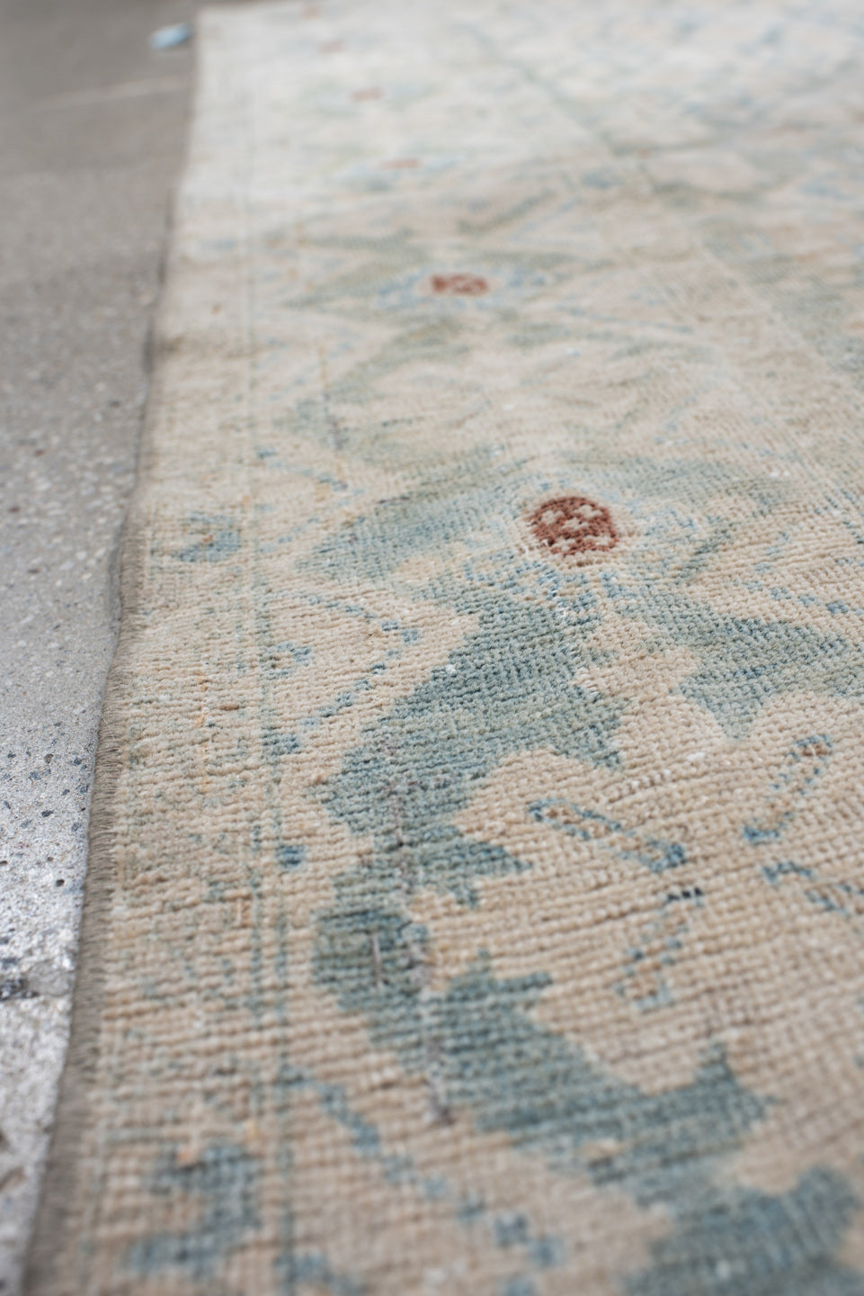 4' x 5' one-of-a-kind handmade vintage  small size rug. Color palette: brown, dark gray, gainsboro, gray, light gray, linen