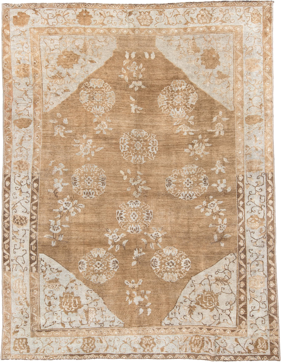 7' x 10' one-of-a-kind handmade vintage Oushak large size rug. Color palette: camel, ivory, taupe, beige, sand, brown, gray