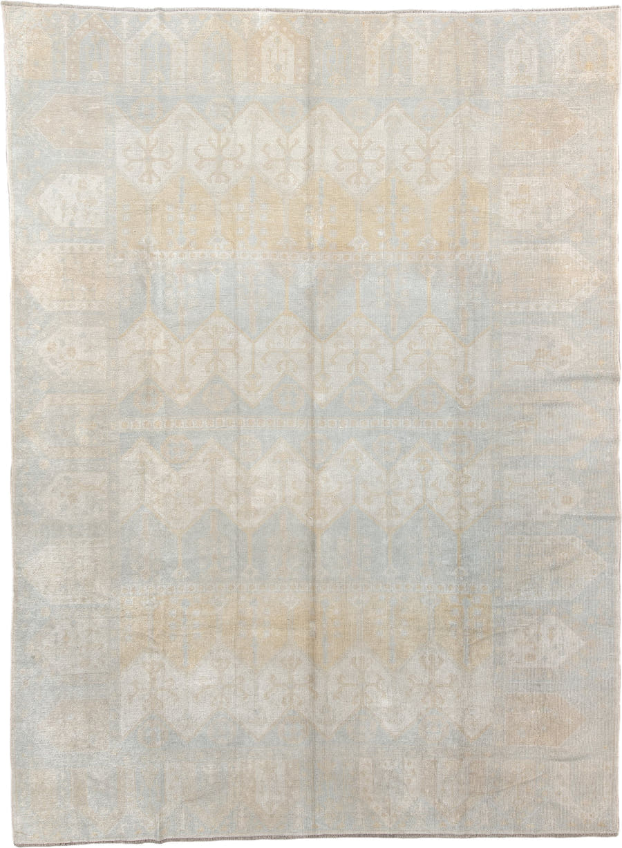 9' x 12' one-of-a-kind handmade vintage  large size rug. Color palette: ivory, pale blue, cream, beige, taupe, light blue