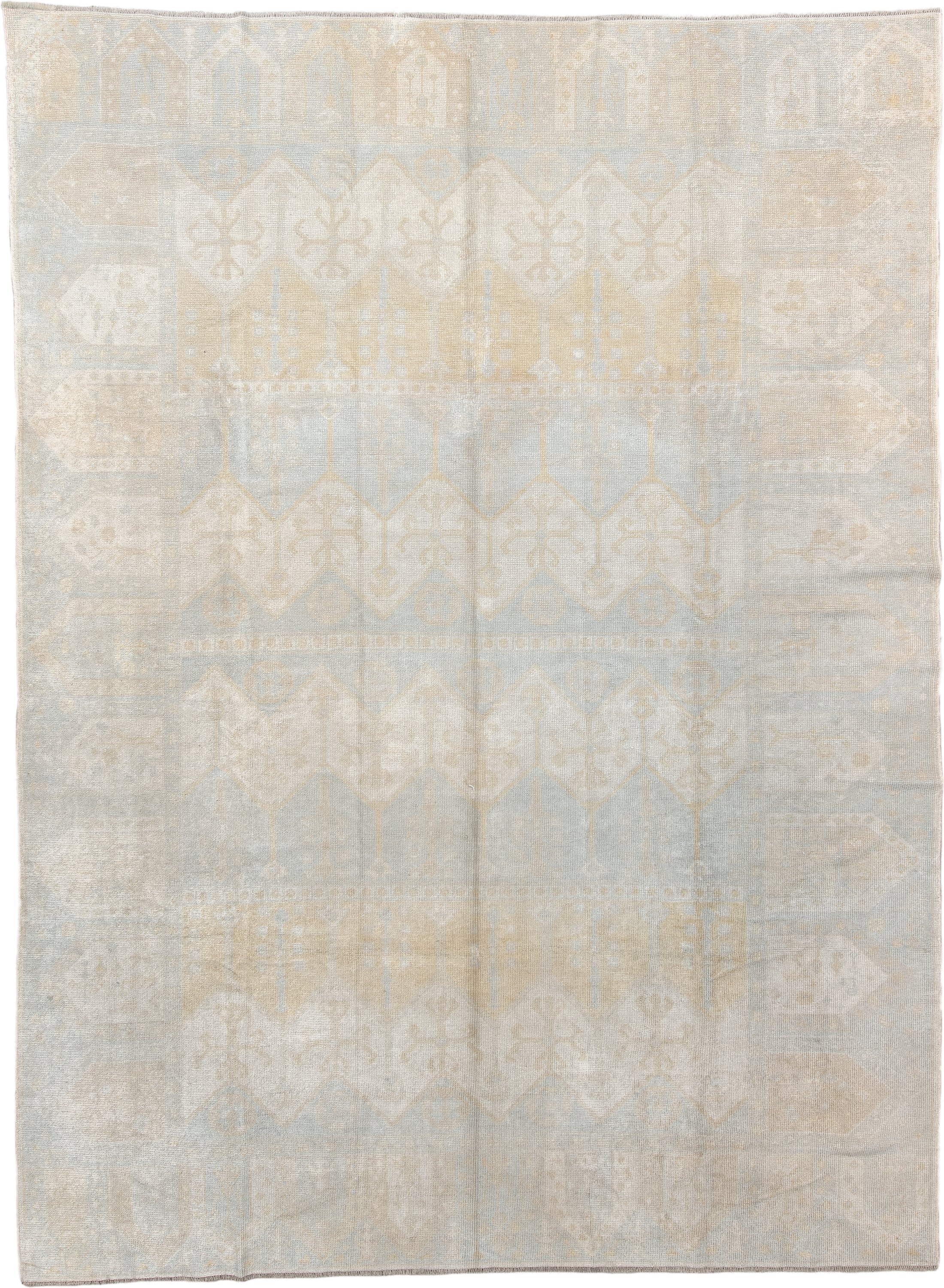 9' x 12' one-of-a-kind handmade vintage  large size rug. Color palette: ivory, pale blue, cream, beige, taupe, light blue