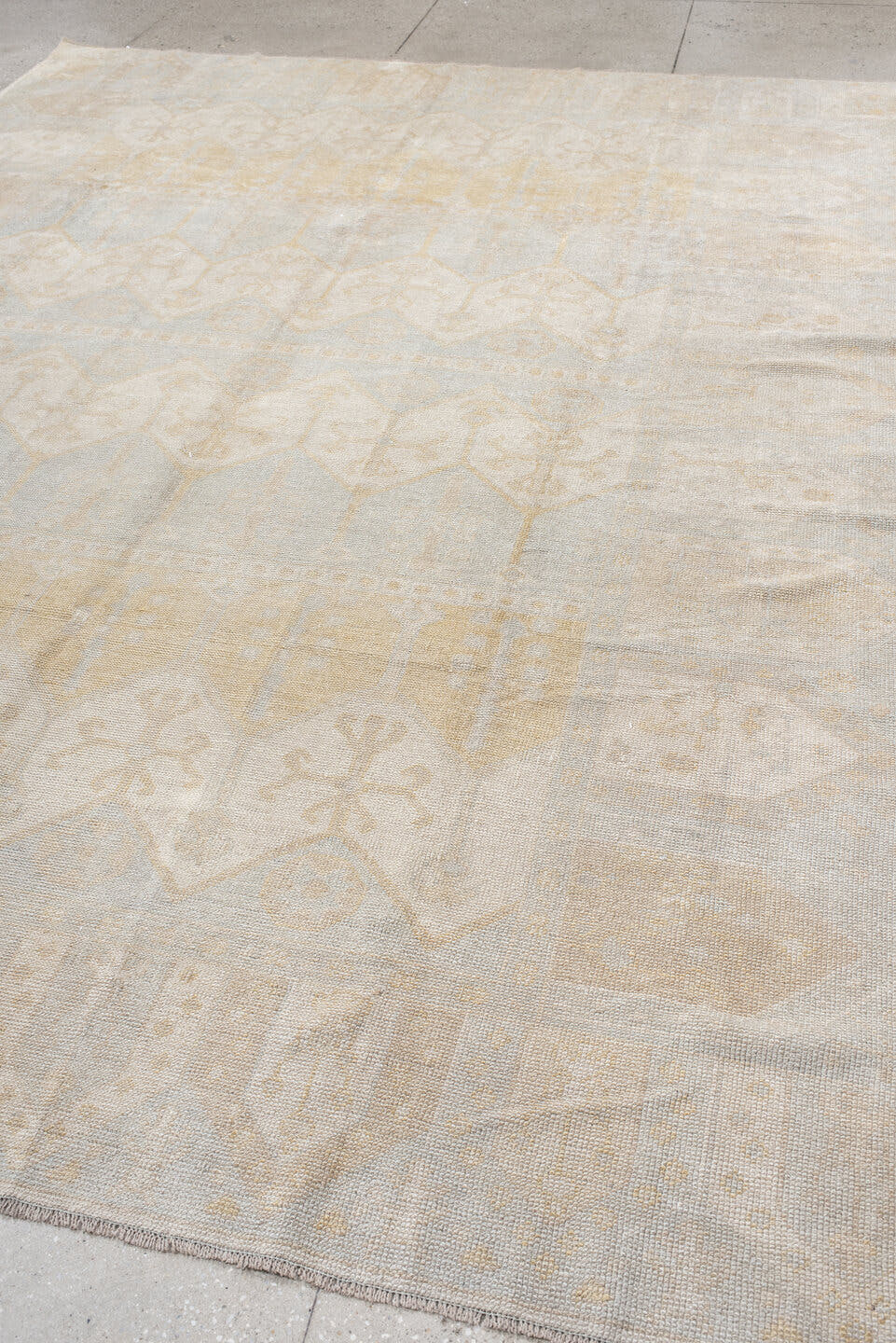 9' x 12' one-of-a-kind handmade vintage  large size rug. Color palette: ivory, pale blue, cream, beige, taupe, light blue