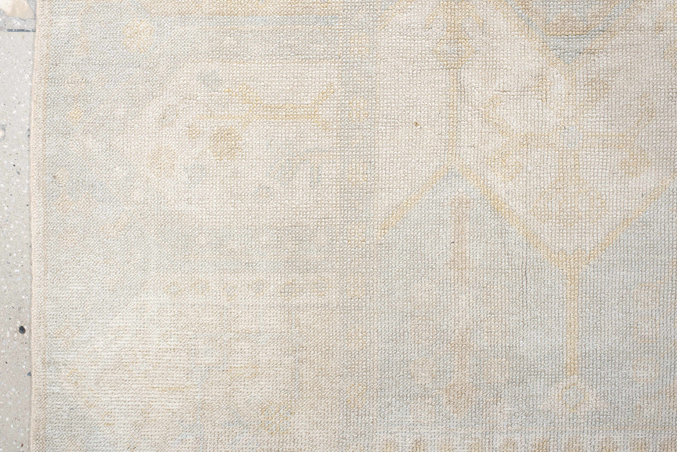 9' x 12' one-of-a-kind handmade vintage  large size rug. Color palette: ivory, pale blue, cream, beige, taupe, light blue