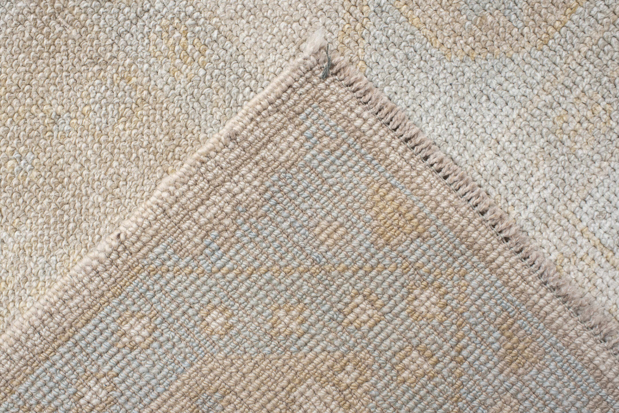 9' x 12' one-of-a-kind handmade vintage  large size rug. Color palette: ivory, pale blue, cream, beige, taupe, light blue