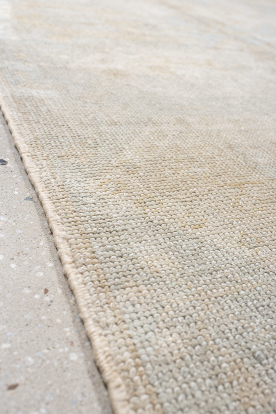 9' x 12' one-of-a-kind handmade vintage  large size rug. Color palette: ivory, pale blue, cream, beige, taupe, light blue