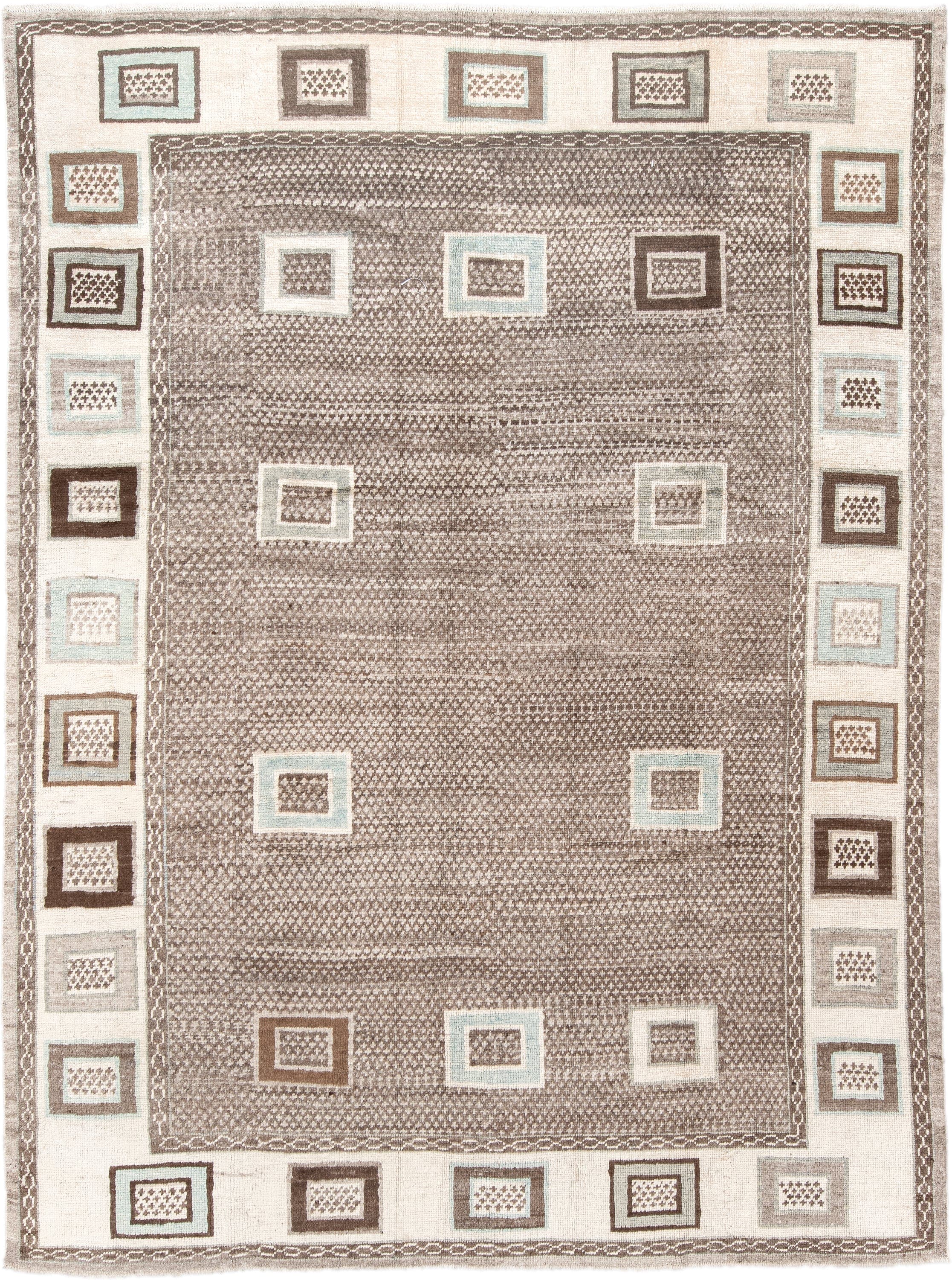 8' x 10' one-of-a-kind handmade vintage  large size rug. Color palette: taupe, ivory, brown, cream, pale aqua, charcoal