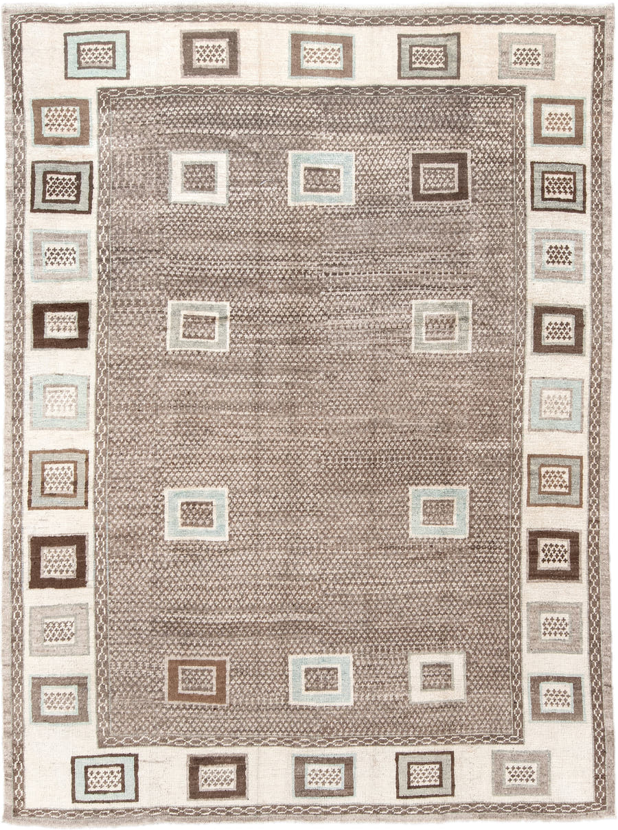 8' x 10' one-of-a-kind handmade vintage  large size rug. Color palette: taupe, ivory, brown, cream, pale aqua, charcoal