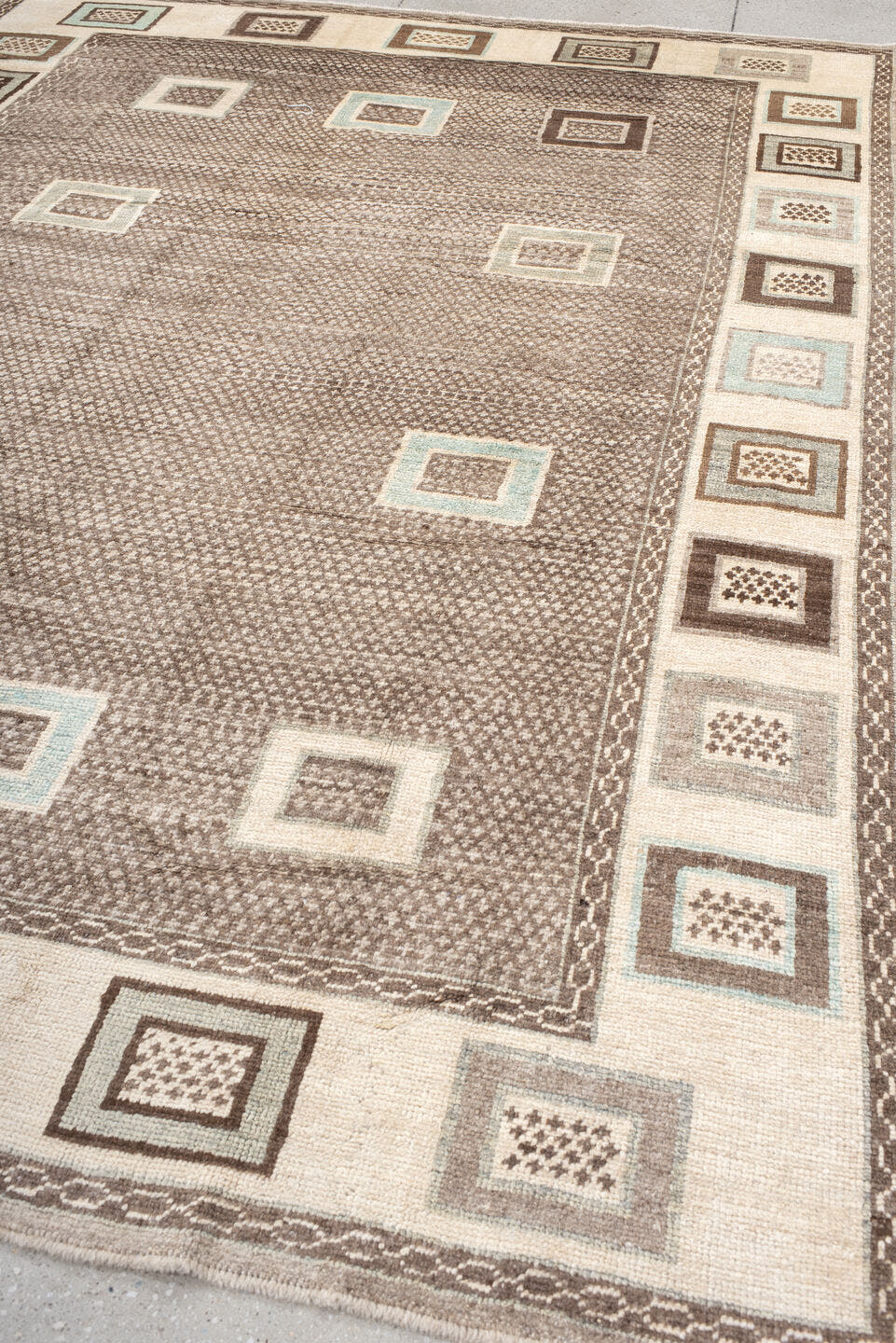8' x 10' one-of-a-kind handmade vintage  large size rug. Color palette: taupe, ivory, brown, cream, pale aqua, charcoal