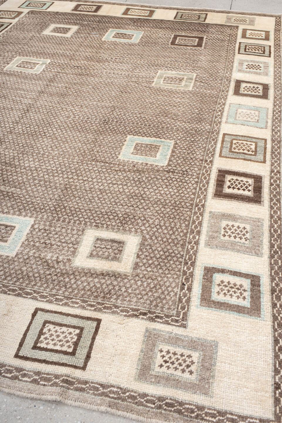 8' x 10' one-of-a-kind handmade vintage  large size rug. Color palette: taupe, ivory, brown, cream, pale aqua, charcoal